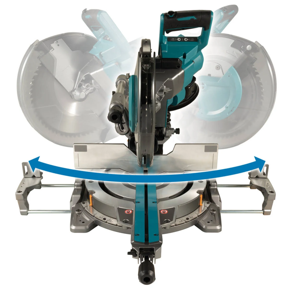 Eine Gehrungssäge mit türkisblauem und grauem Gehäuse, Klingen teilweise freigelegt, blaue Pfeile.