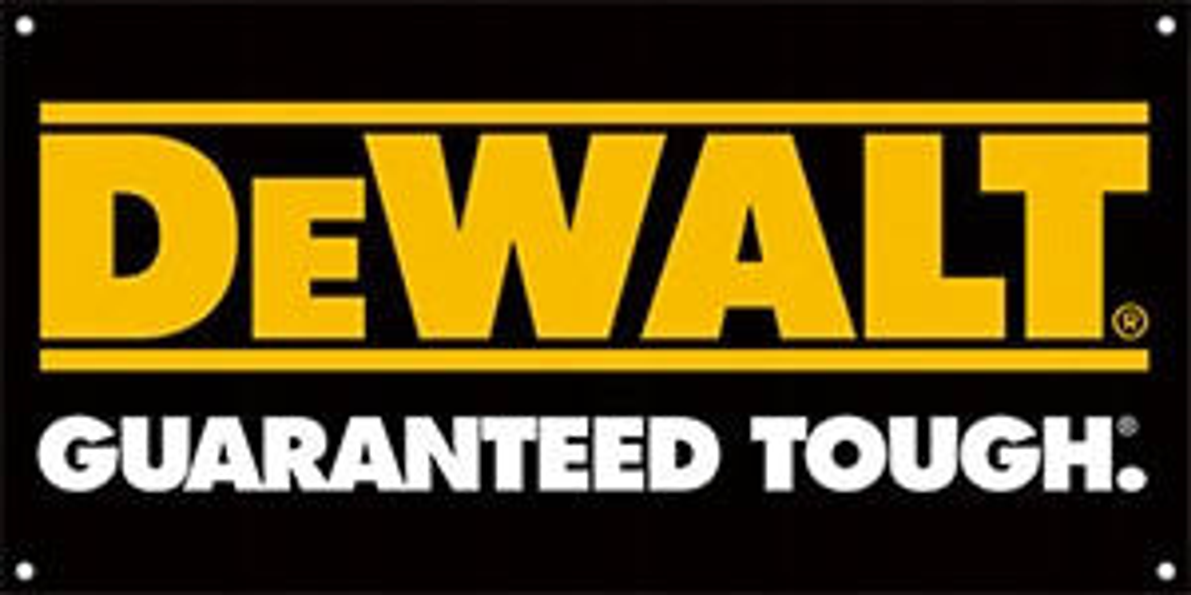 Letrero negro y amarillo de DeWalt: 'DEWALT', con 'GUARANTEED TOUGH' debajo.