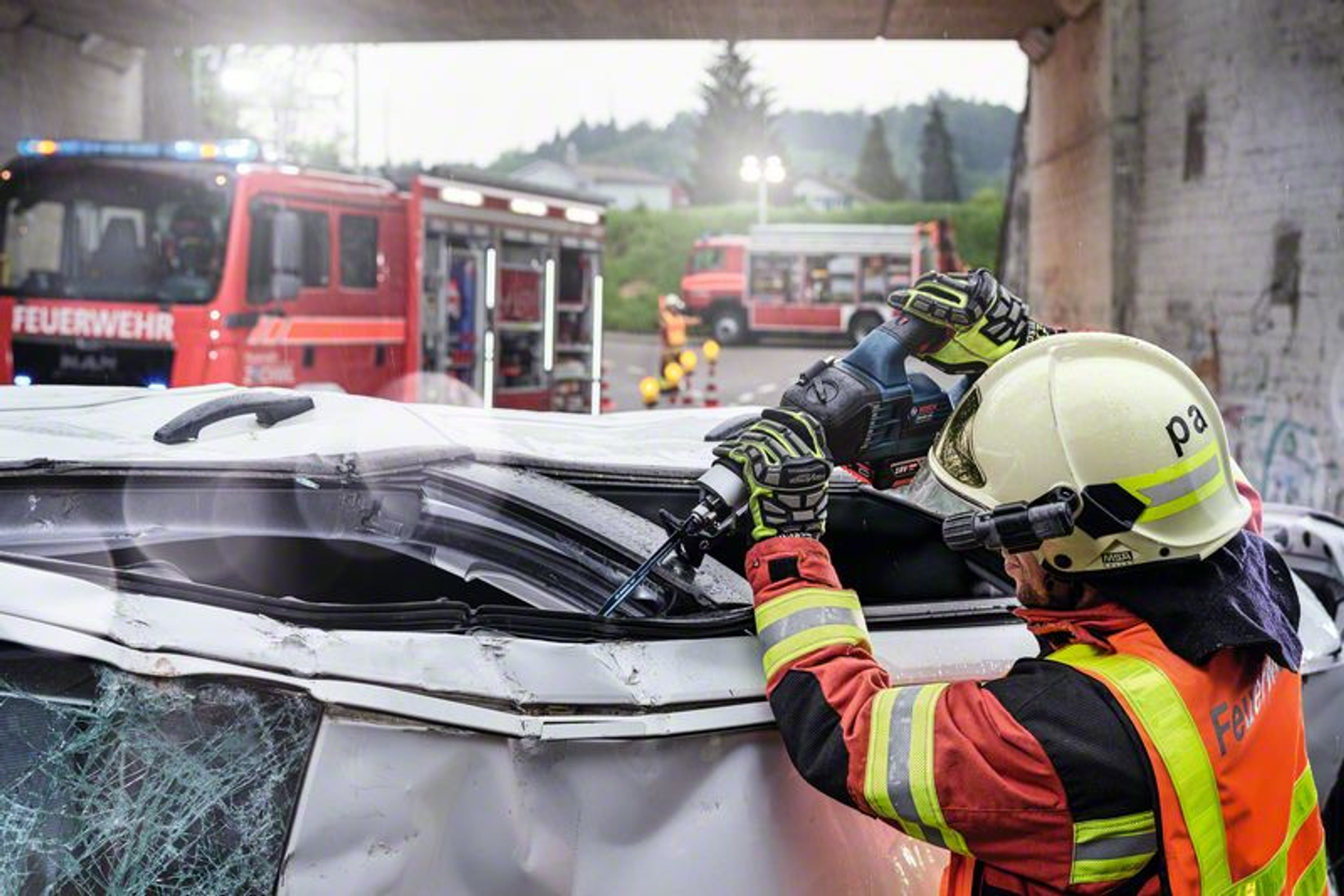Feuerwehrleute schneiden nach einem Unfall ein Autodach auf, im Hintergrund Feuerwehrautos.