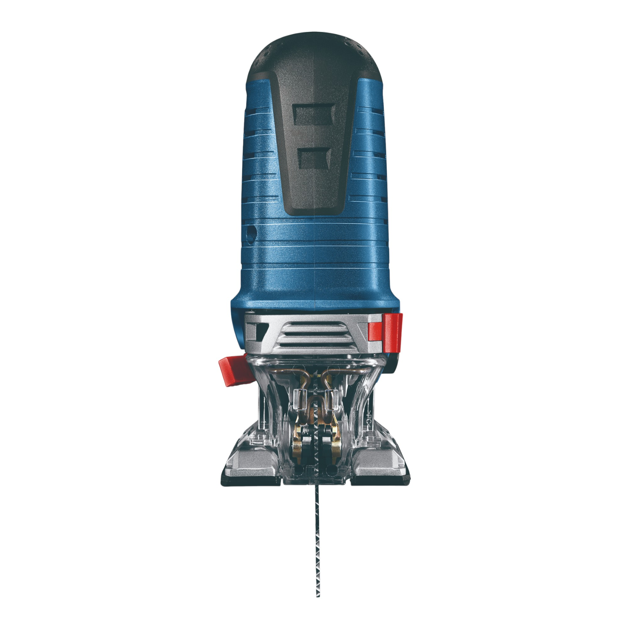 Bosch Stichsäge, blau und schwarz. Das Werkzeug befindet sich auf weißem Hintergrund.