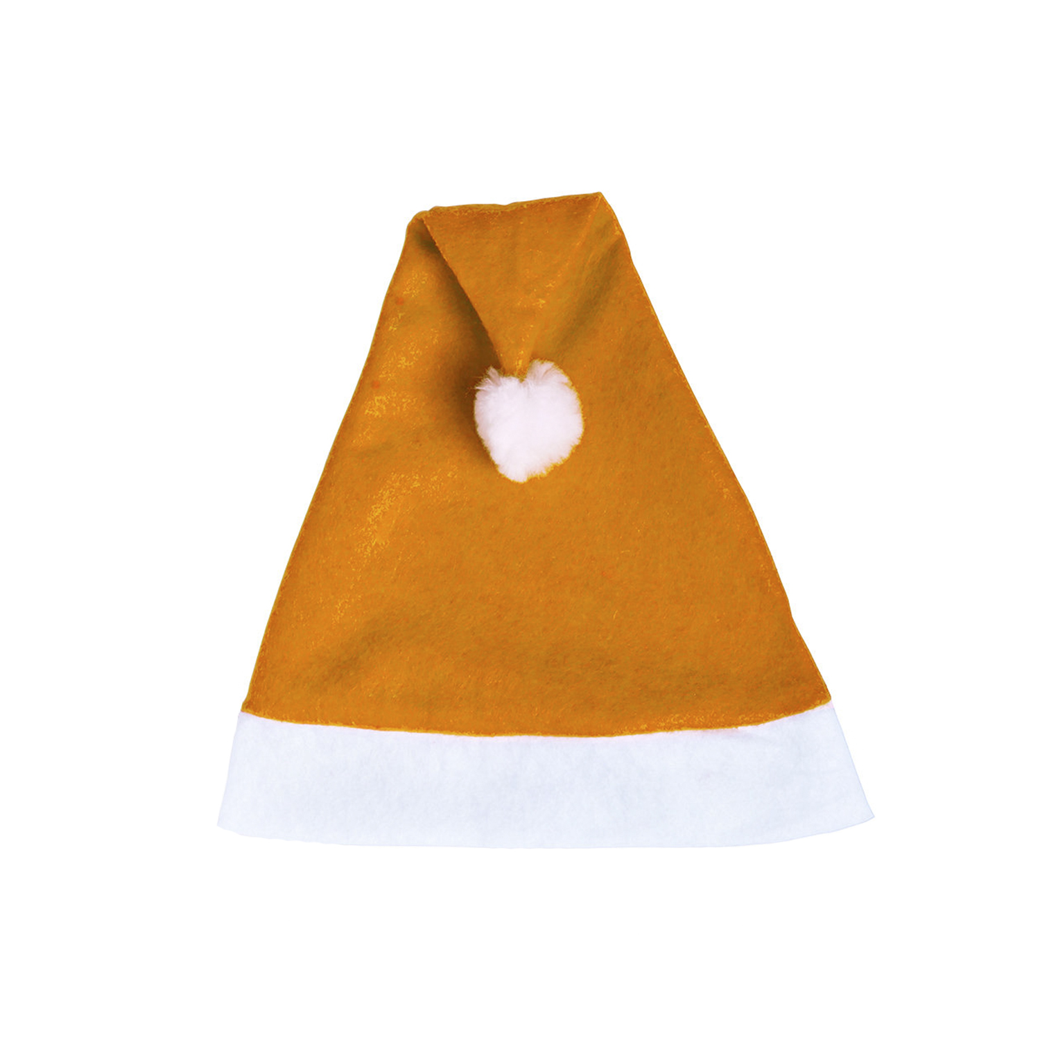 Un cappello di Babbo Natale arancione con rifiniture bianche e un pompon bianco su sfondo bianco.