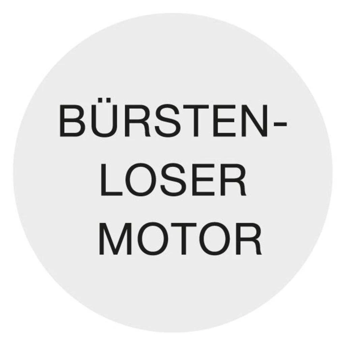 Białe koło z czarnym napisem "BÜRSTEN- LOSER MOTOR".