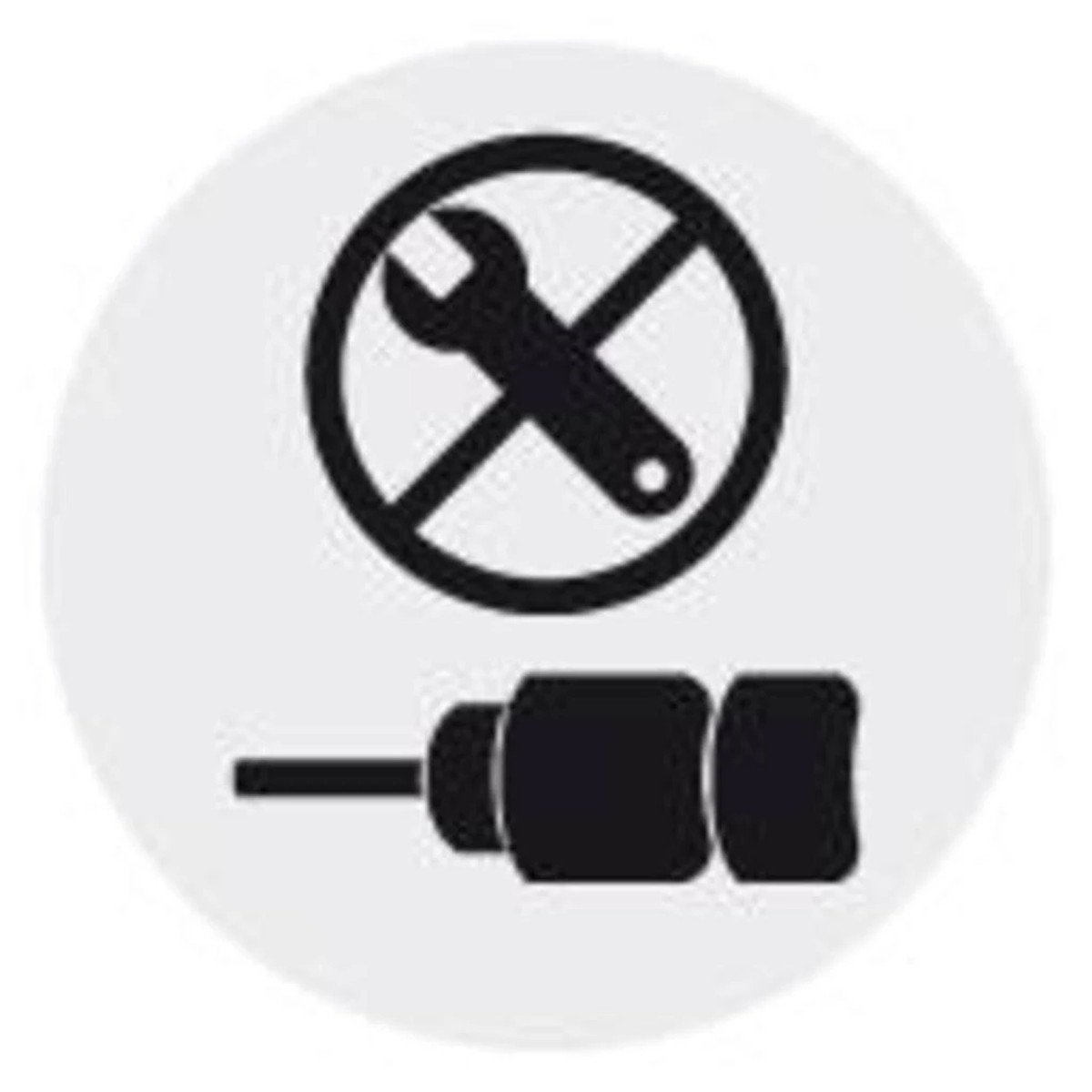 Ikona: klucz francuski przekreślony czerwoną linią i walcowe narzędzie poniżej, na białym okręgu.