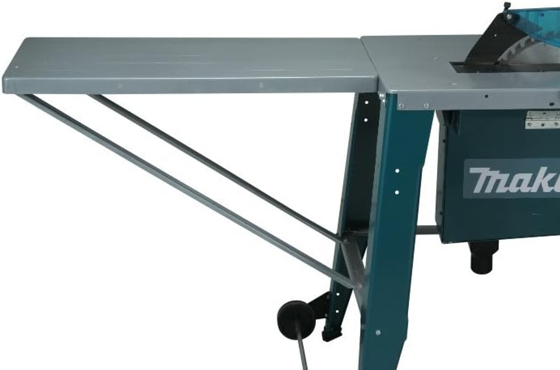 Eine grün-silberne Tischkreissäge mit Anbautisch. Die Säge ist mit der Marke Makita beschriftet.