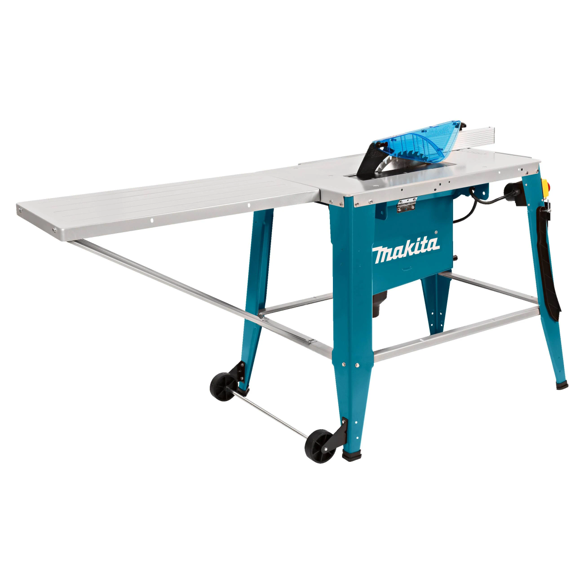 Makita Tischkreissäge, türkis und silber, mit blauem Schutz. Isoliert auf Weiß, Seitenansicht.