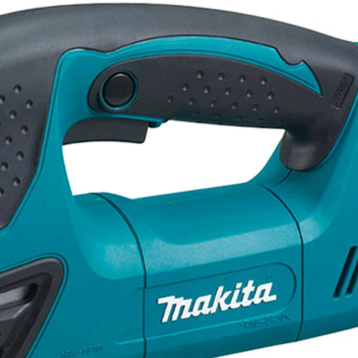 Primer plano del mango de color turquesa de una herramienta Makita. El logo es visible.