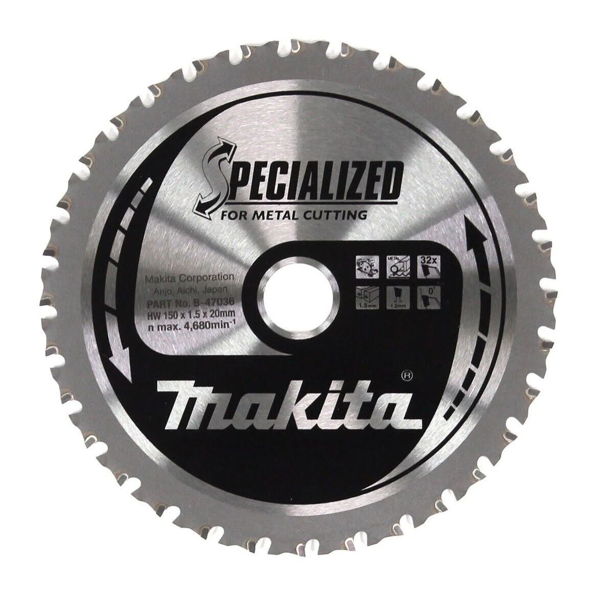 Tarcza piły tarczowej z logo 'Specialized' i 'Makita', do cięcia metalu. Krawędzie są ząbkowane.