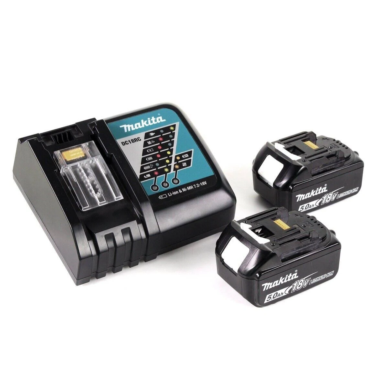 Ładowarka akumulatorów Makita z dwoma czarnymi akumulatorami 18V. Białe tło.