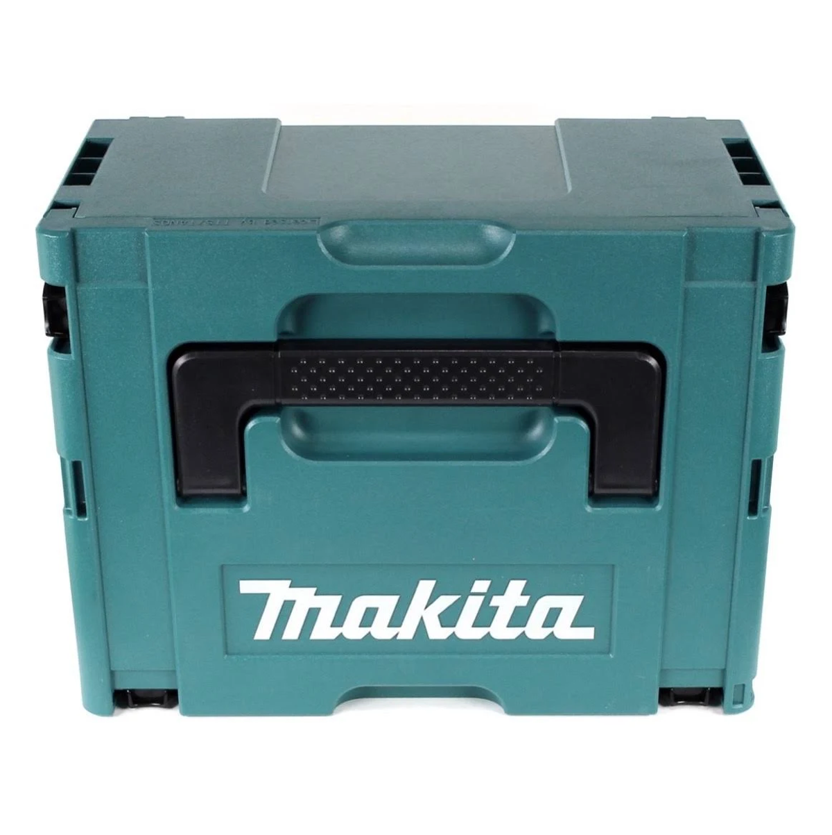 Turkusowa skrzynka Makita z czarnym uchwytem i logo Makita, na białej powierzchni.