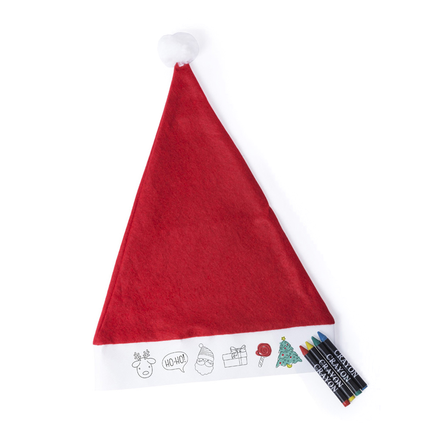 Un cappello rosso di Babbo Natale con disegni di articoli natalizi e pastelli.