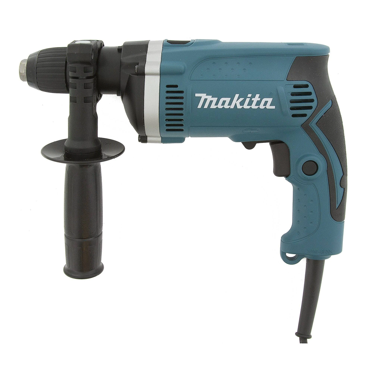 Un taladro Makita verde azulado y negro con un mango negro, sobre un fondo blanco.