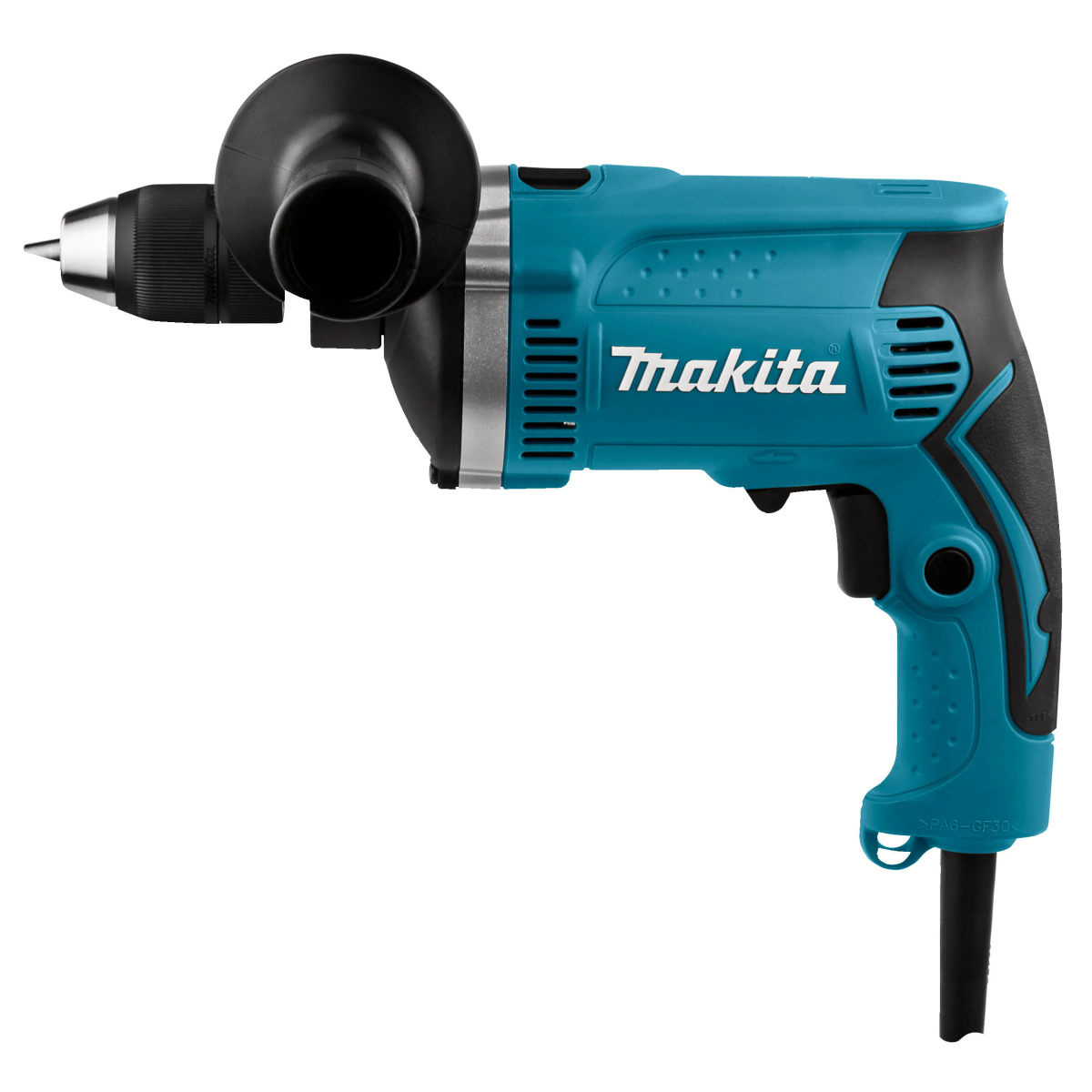 Un taladro Makita con cuerpo turquesa y mango negro está inclinado hacia el espectador.