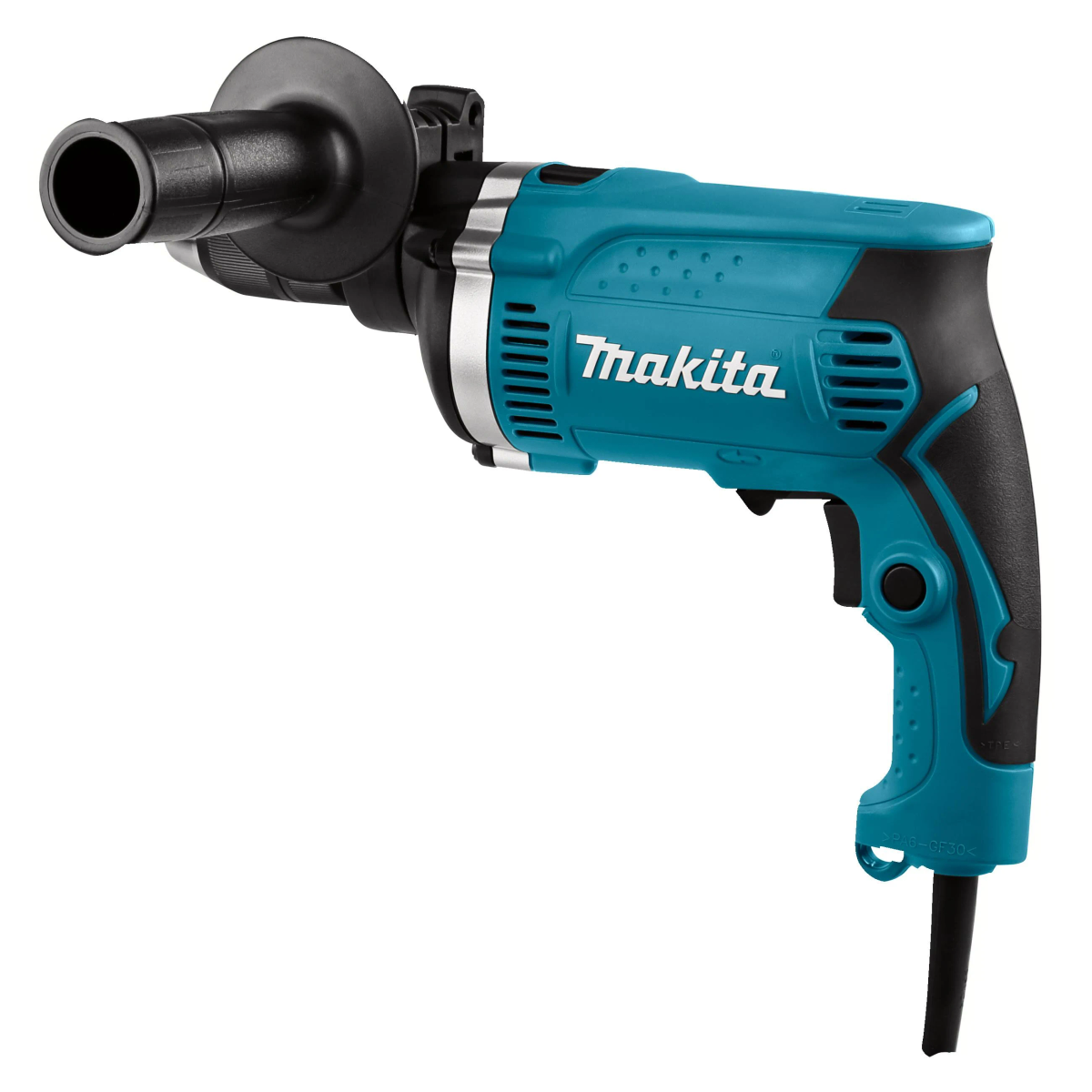 Un taladro verde azulado con un mango negro. La marca es Makita.