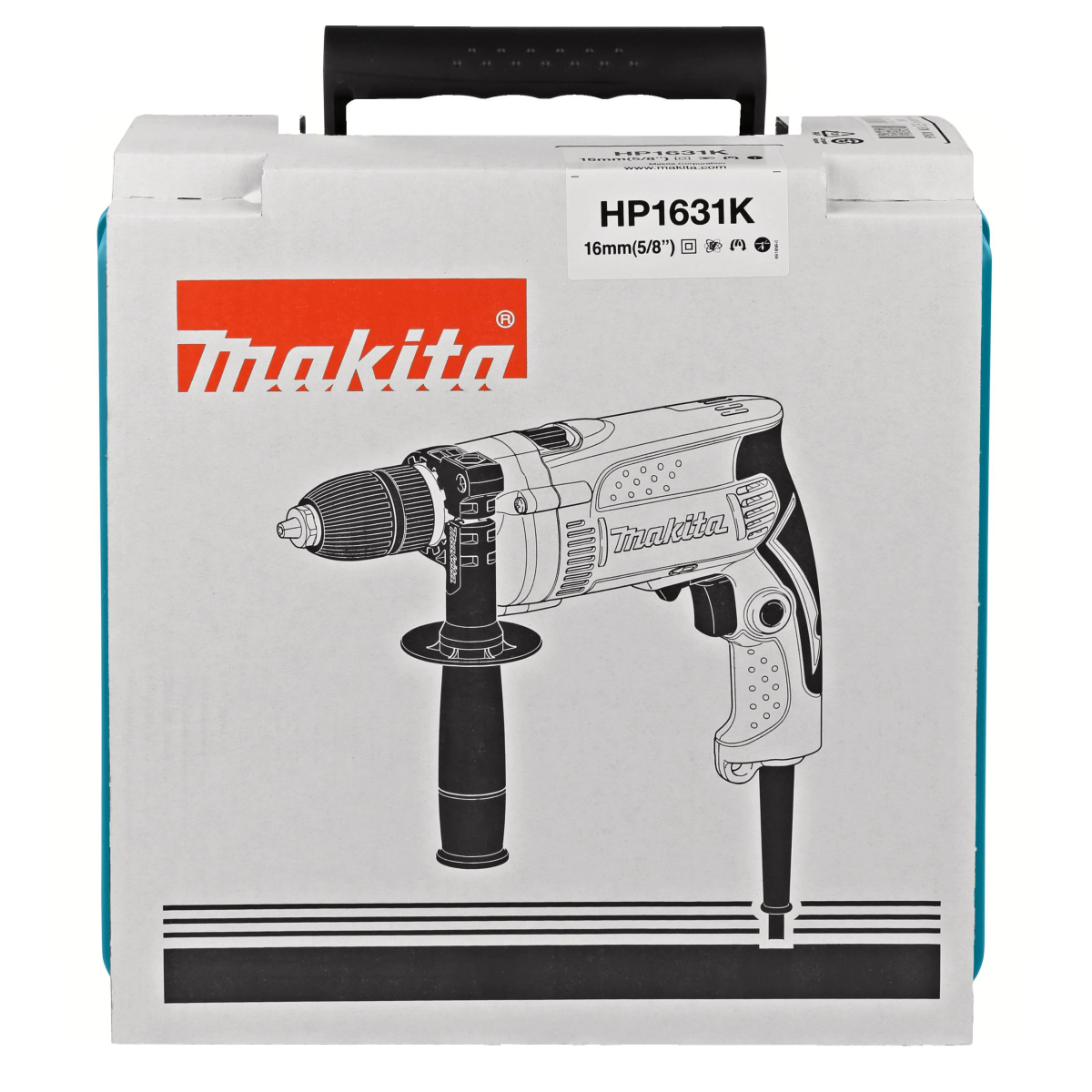 Una caja de herramientas Makita blanca con un taladro impreso dentro, y un asa negra.