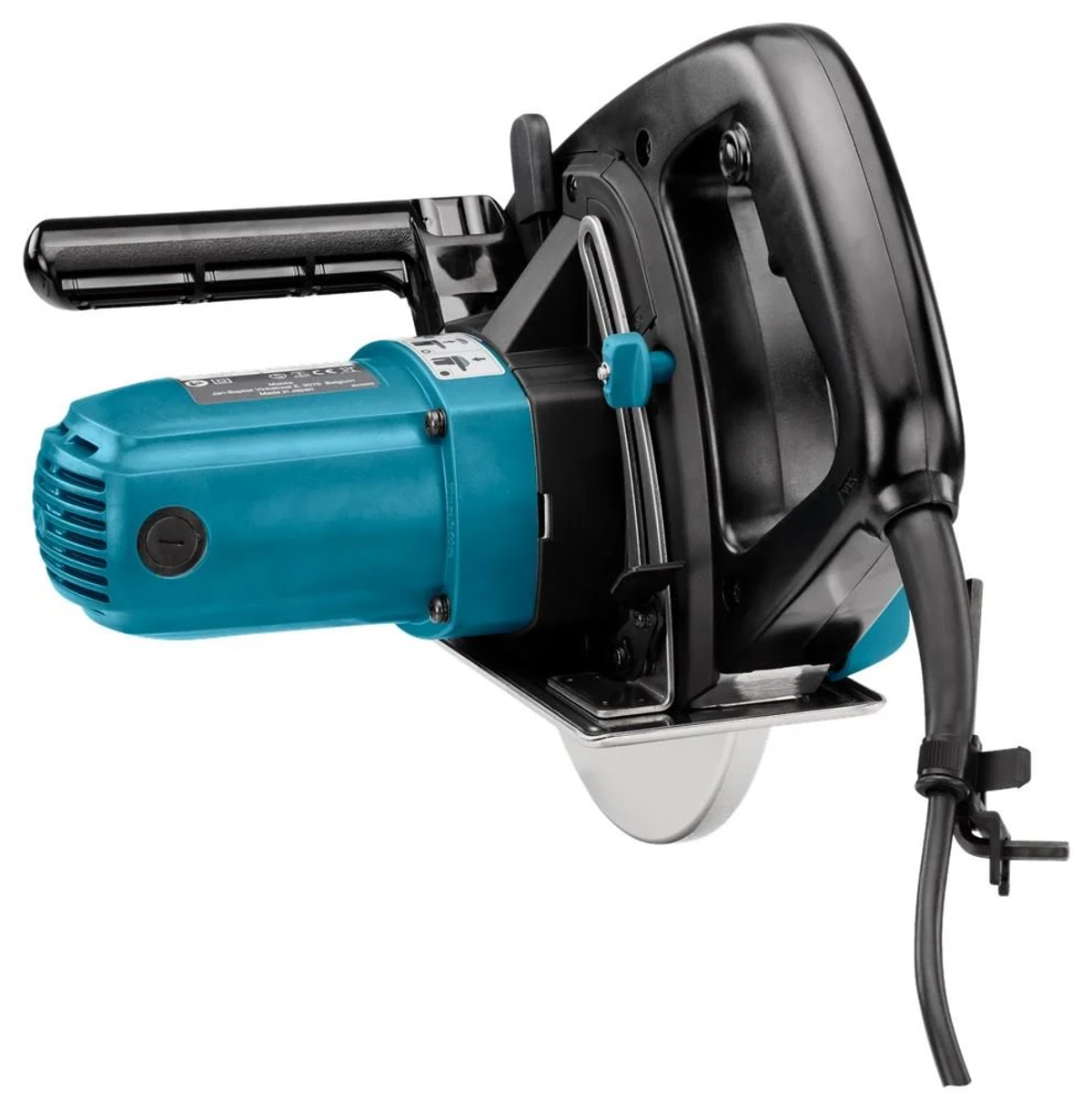 Herramienta de sierra circular Makita. Es verde azulado, negro y plateado con un mango negro.