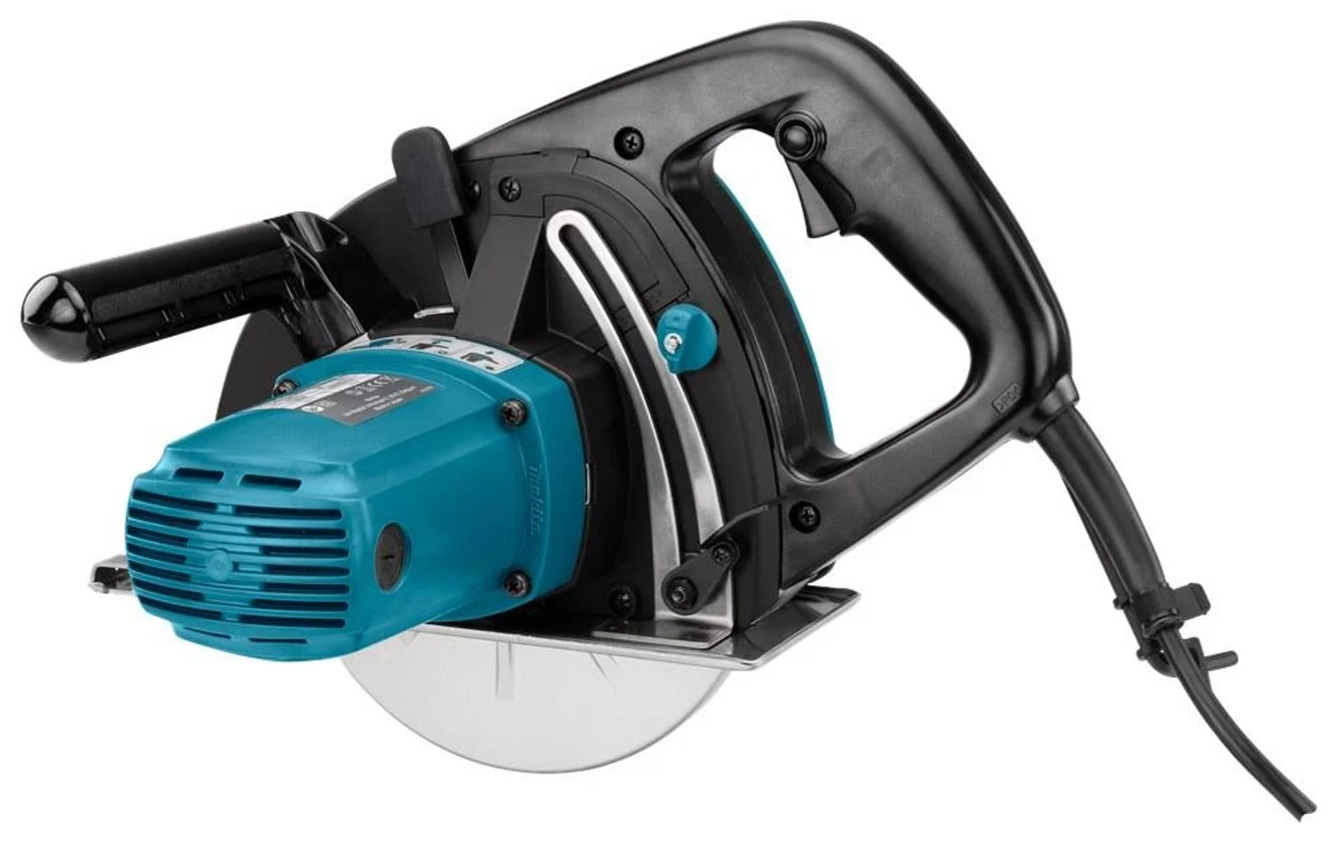 Una sierra circular Makita. Tiene un cuerpo turquesa con un mango negro y un protector de hoja plateado.