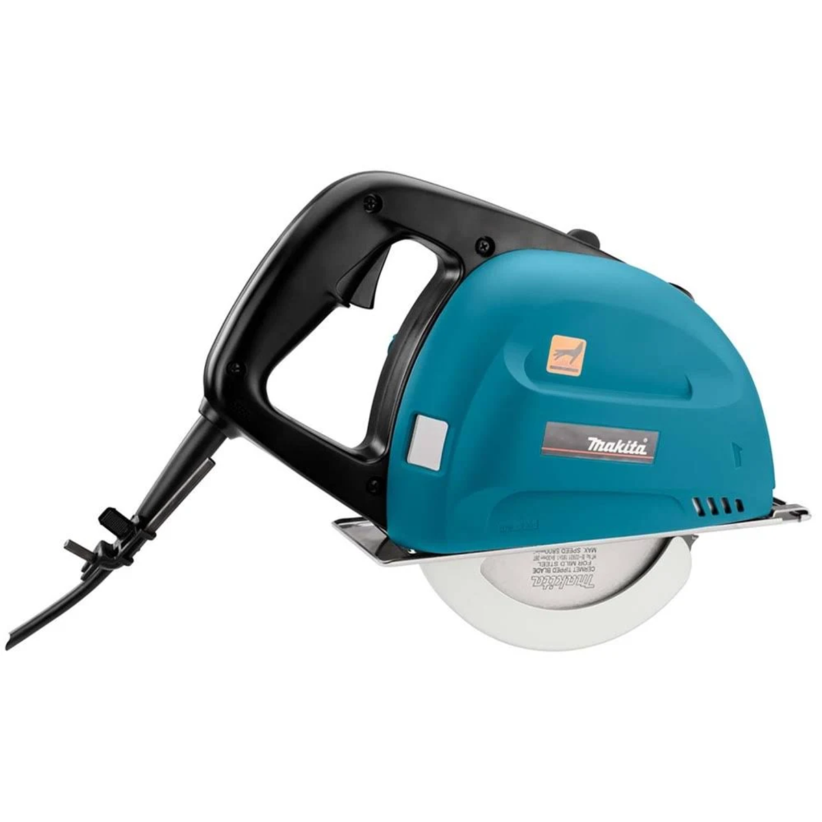 Sierra circular Makita turquesa con mango negro y hoja plateada.