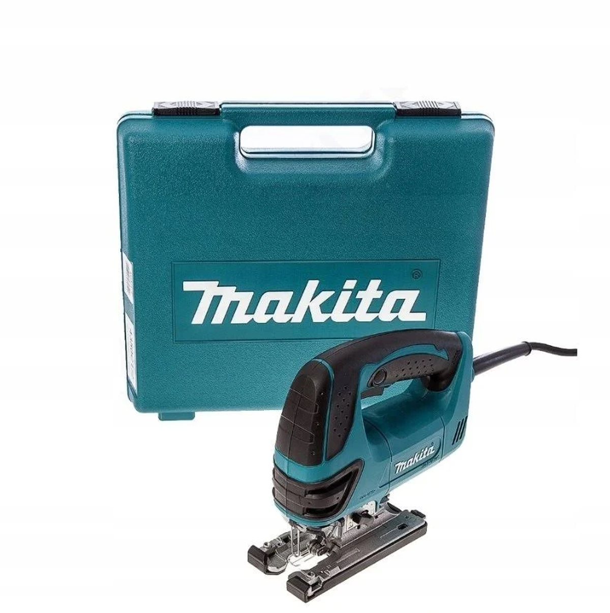 Una sierra de calar Makita de color turquesa y una funda de transporte de color turquesa con texto Makita blanco.