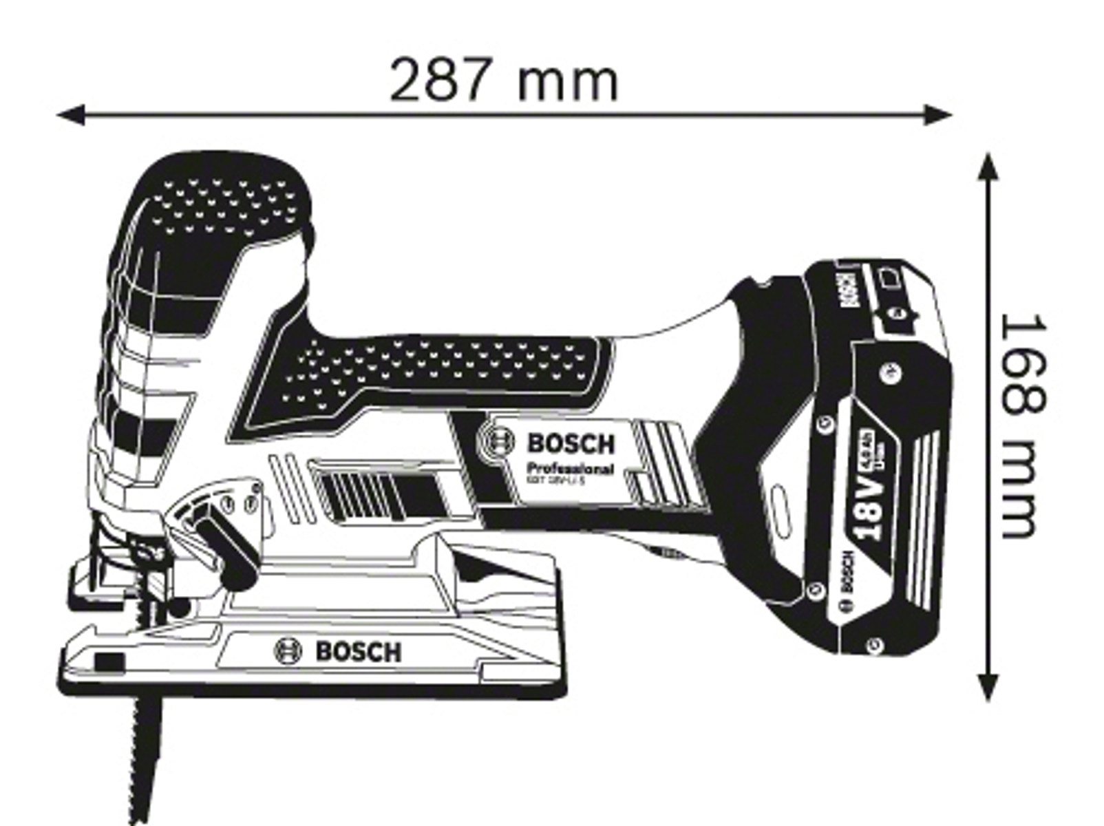 Eine Schwarz-Weiß-Diagramm einer Bosch Stichsäge mit Abmessungen: 287 mm Länge und 168 mm Höhe.