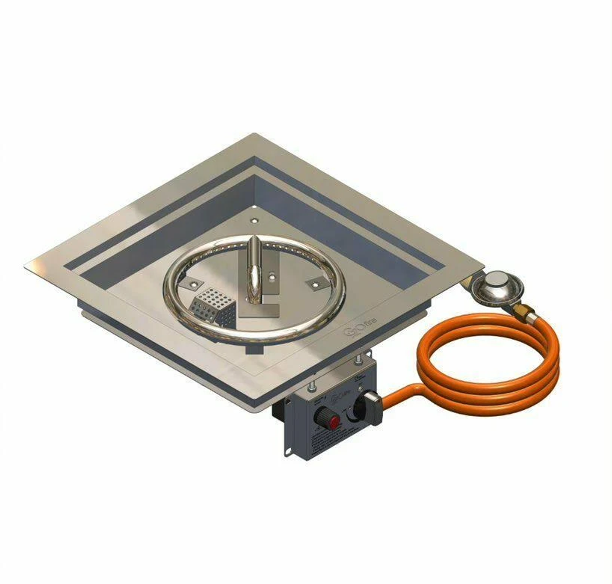 Un pozo de fuego cuadrado de acero inoxidable con conexiones de gas y un panel de control.