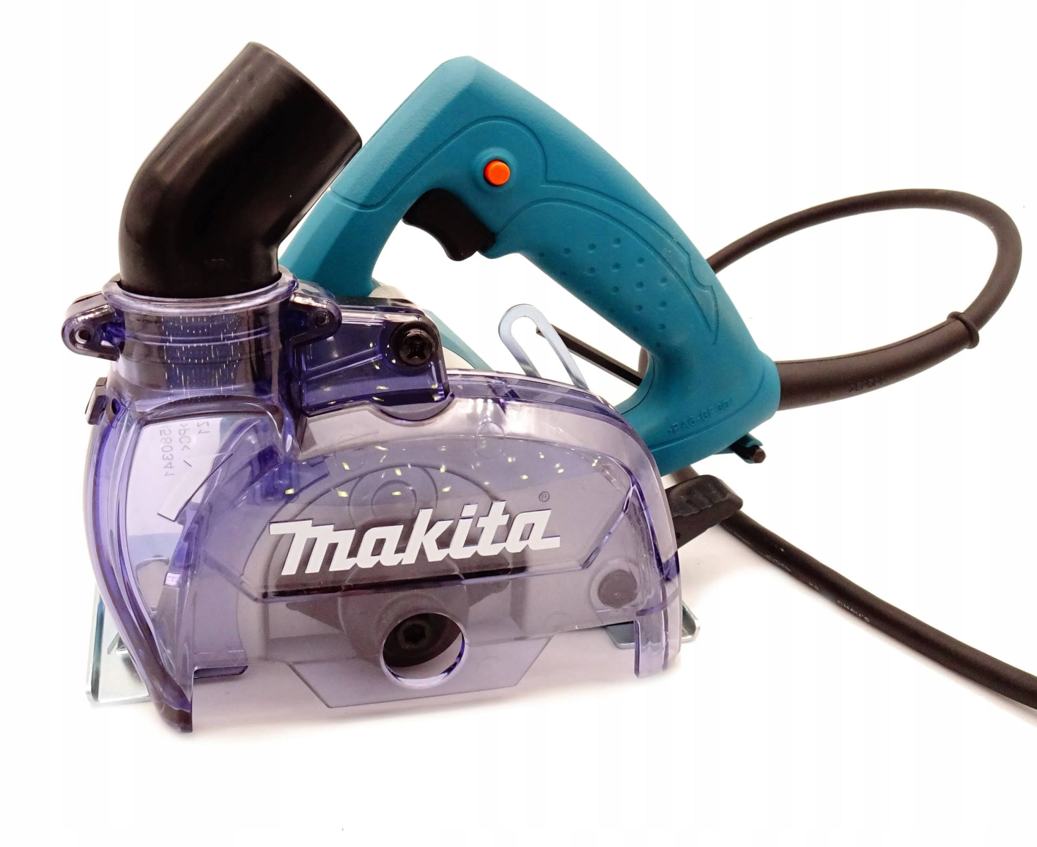 Una amoladora angular Makita color turquesa con un mango negro y una cubierta protectora.