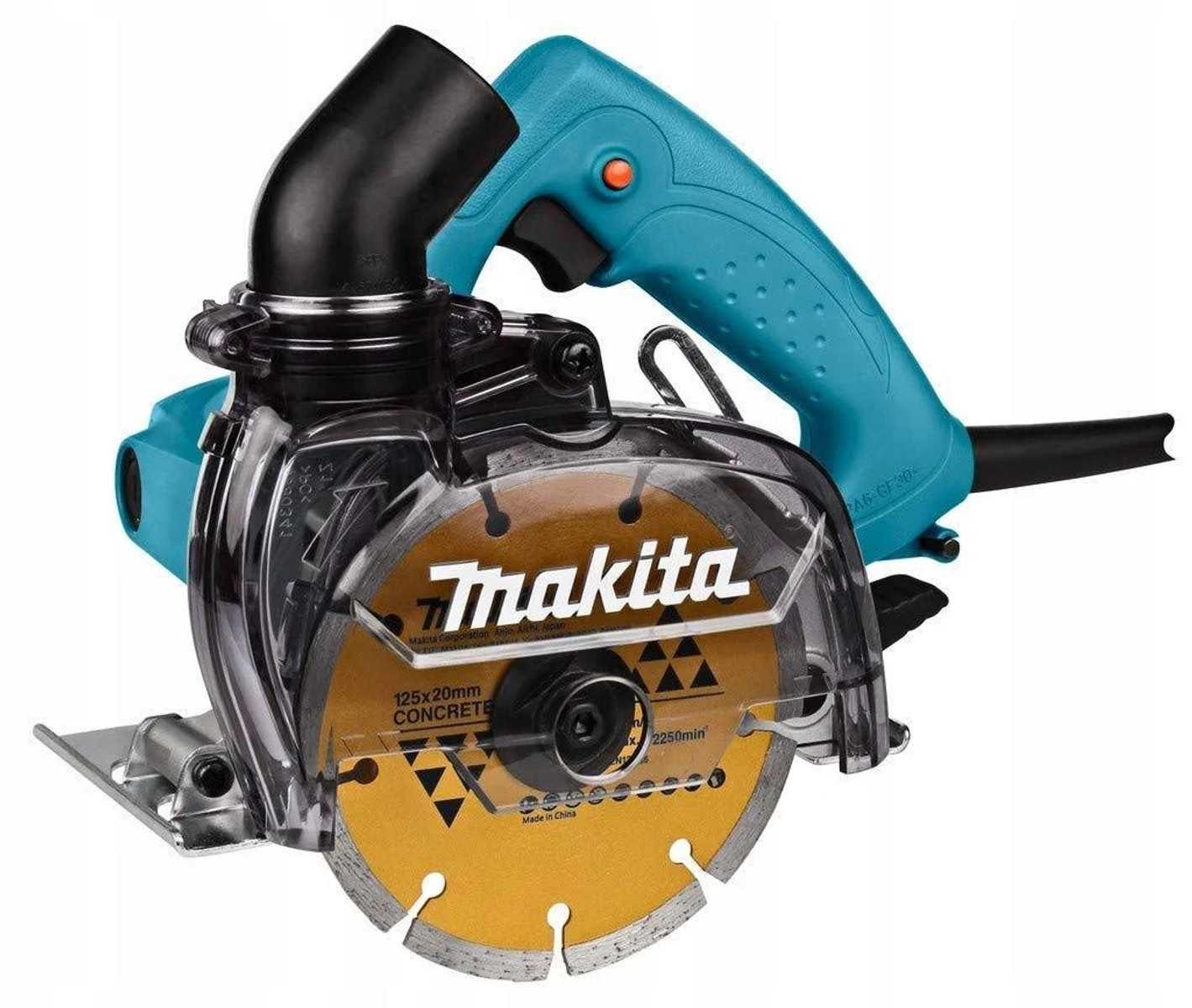 Sierra Makita con protector de hoja transparente, hoja amarilla y cuerpo turquesa y negro.