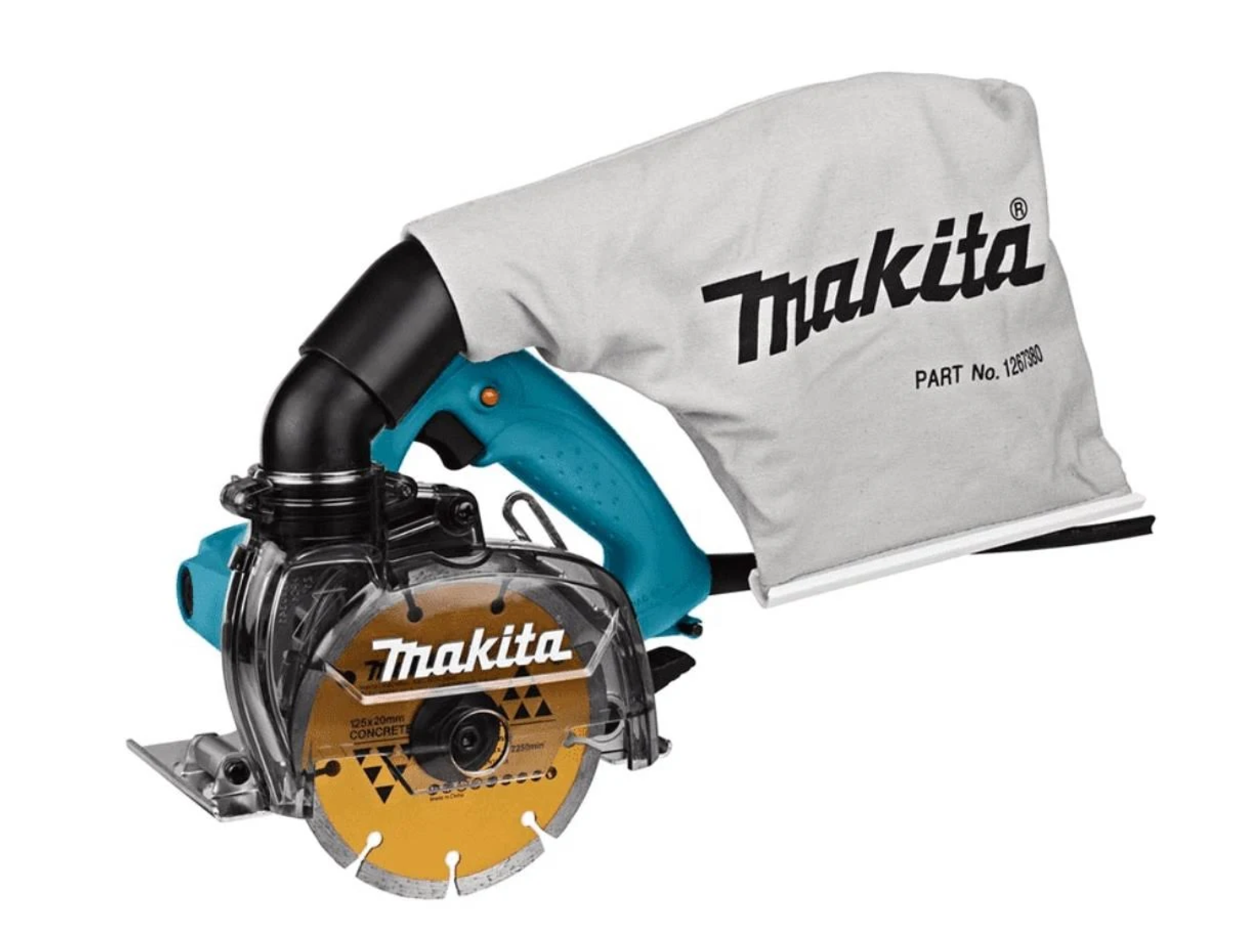 Cortador de hormigón Makita, turquesa y negro, con bolsa de polvo y cuchilla amarilla. Fondo blanco.