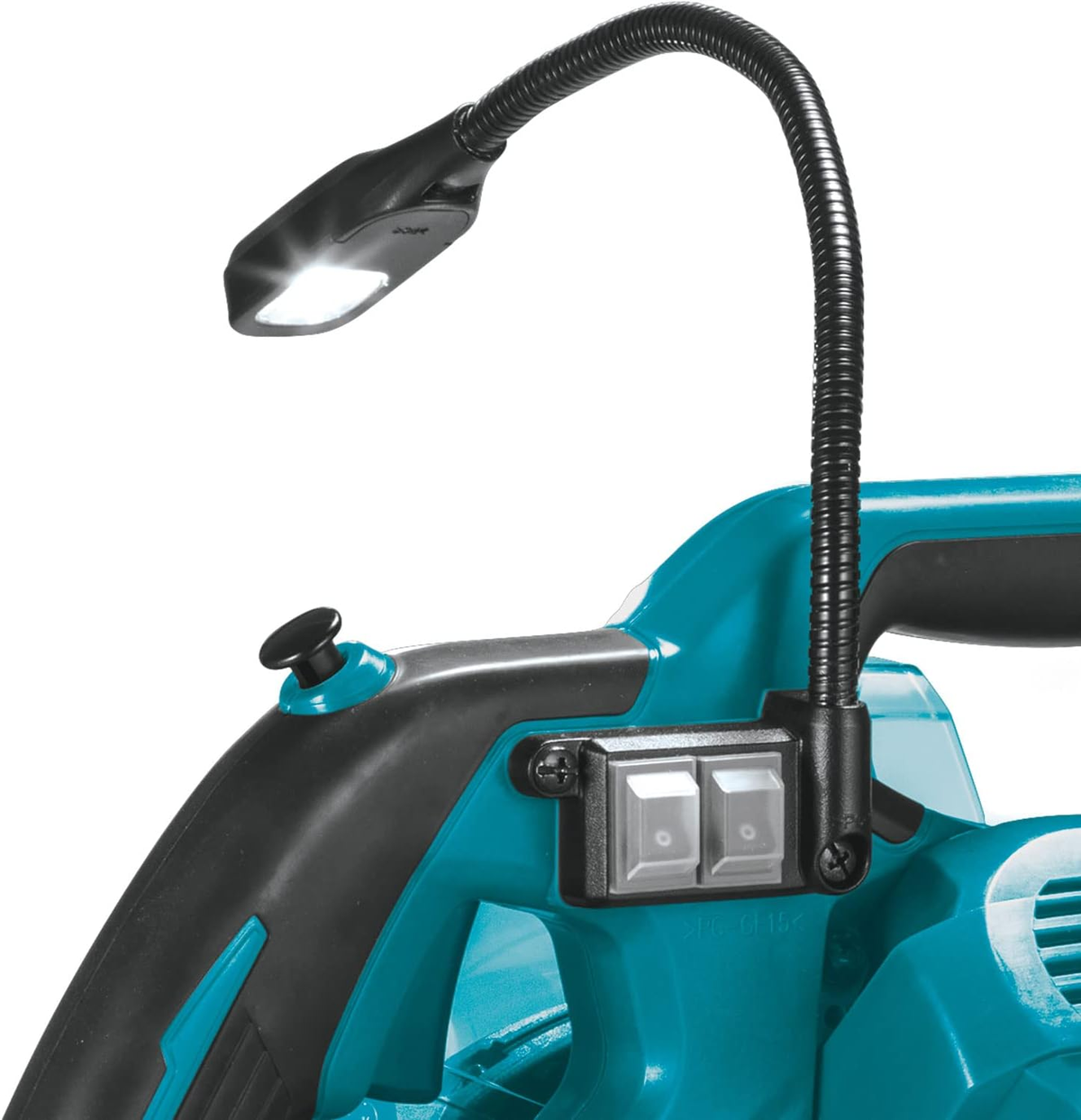 Una luz negra y verde azulado con cuello flexible adjunta a una herramienta eléctrica.