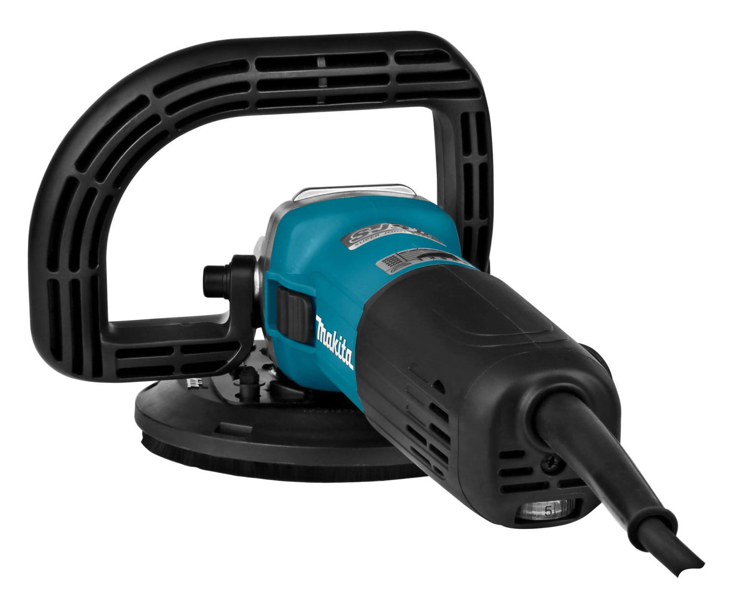 Turkusowo-czarna szlifierka Makita. Ma czarny uchwyt.