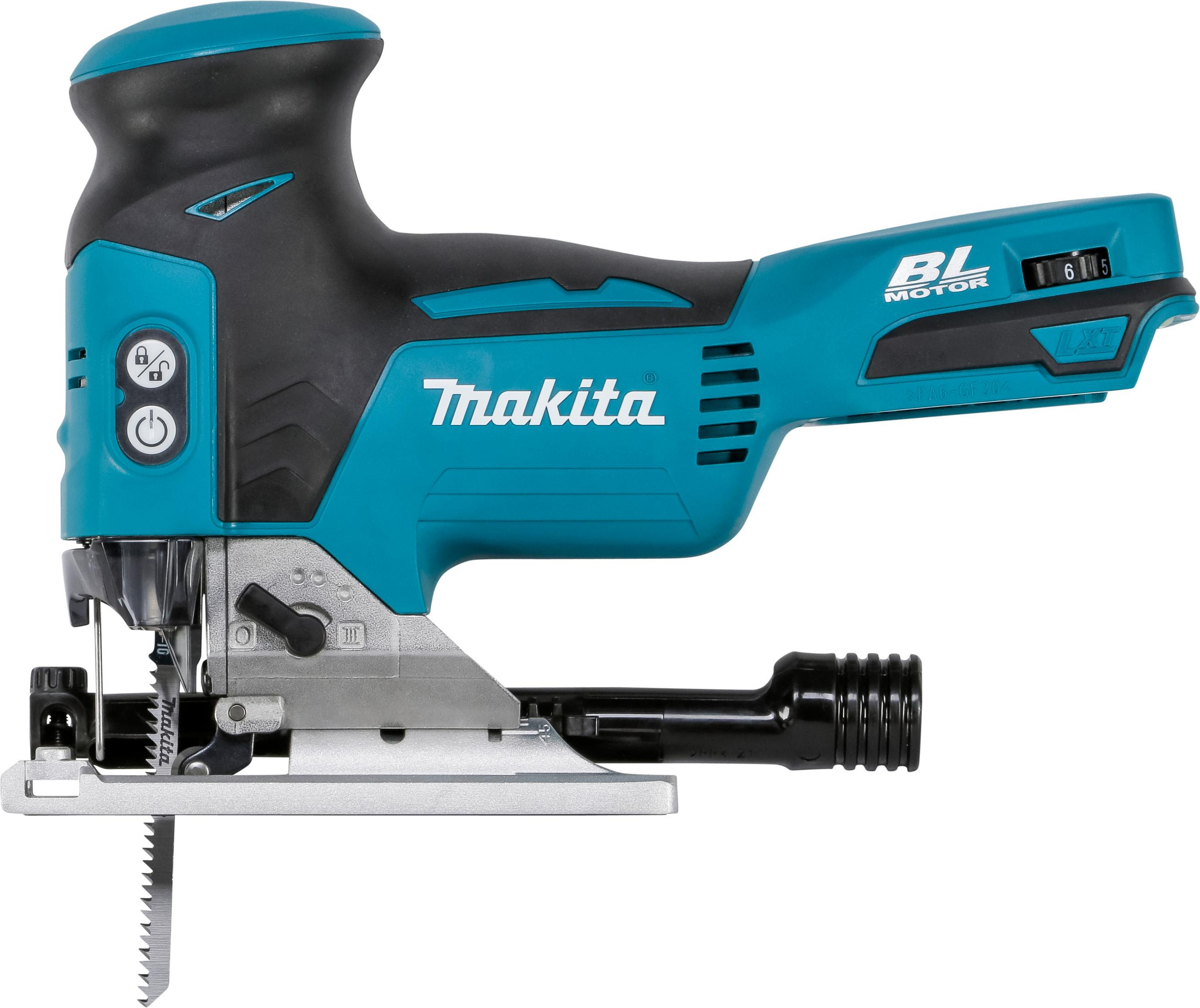 Zielono-czarna wyrzynarka Makita z włożonym brzeszczotem, widok z boku.