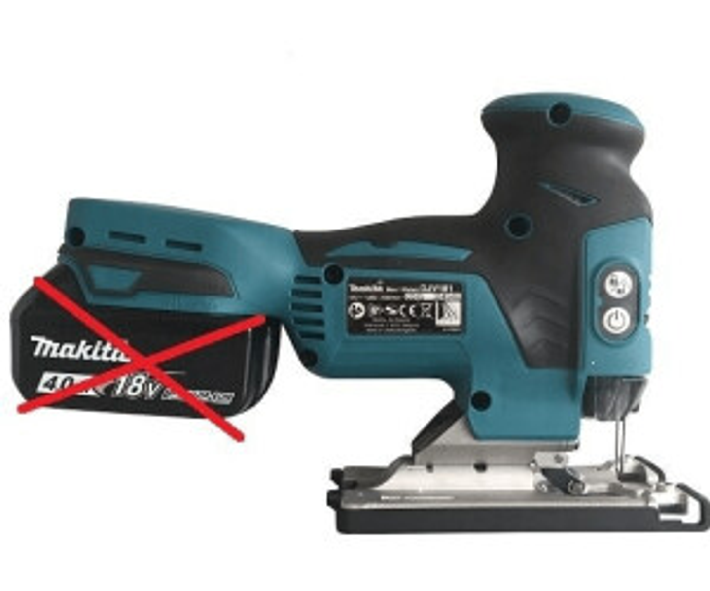 Turkusowo-czarna akumulatorowa wyrzynarka Makita z czerwoną krzyżem na baterii.