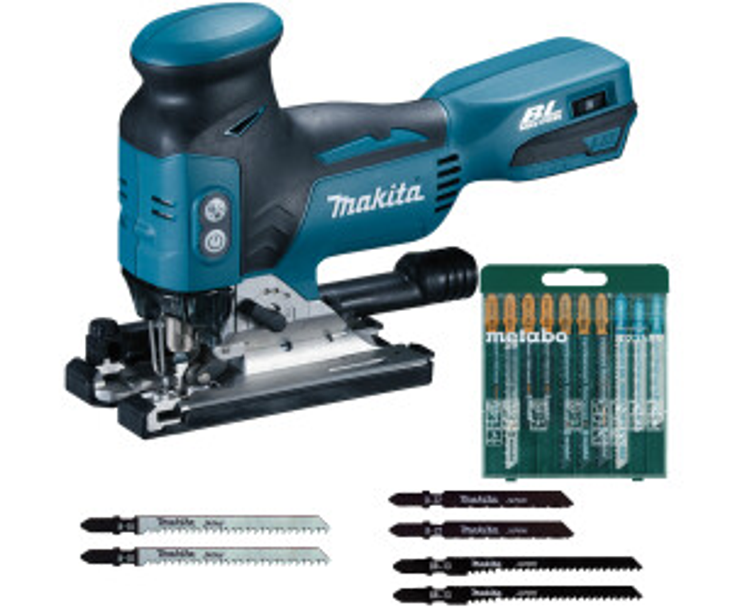 Zielono-czarna wyrzynarka Makita z brzeszczotami. Wyrzynarka i brzeszczoty na białym tle.