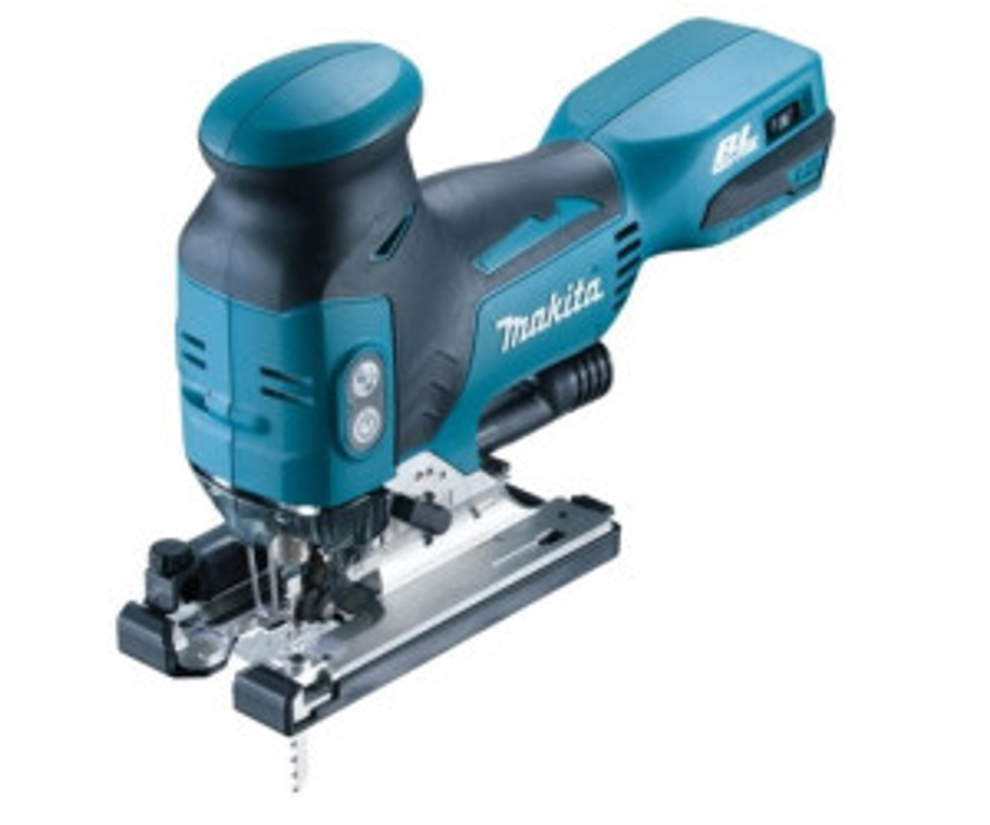 Turkusowo-czarna wyrzynarka na białym tle. Narzędzie jest odizolowane i ostre.