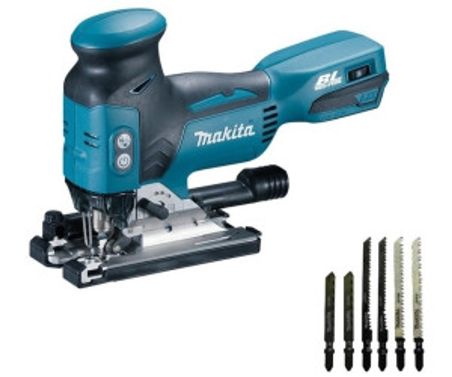 Turkusowo-czarna wyrzynarka Makita z ostrzami. Ostrza po prawej.
