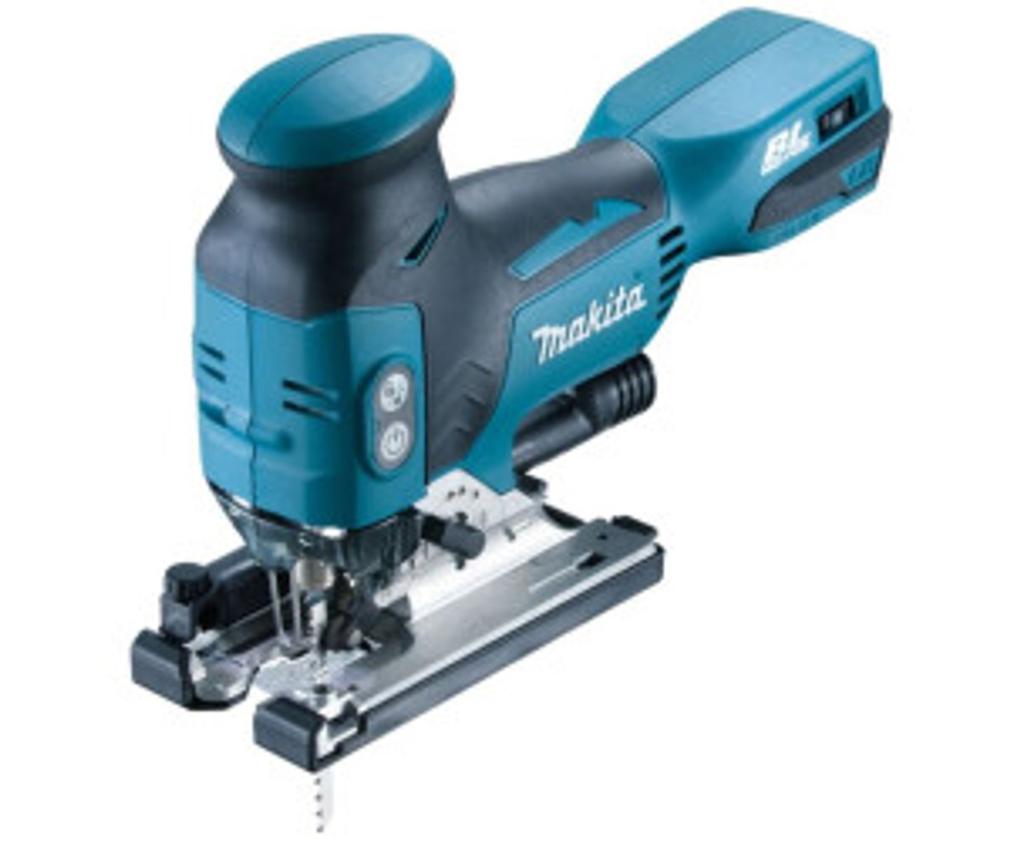 Turkusowo-czarna wyrzynarka Makita na białym tle. Narzędzie jest skierowane w stronę widza.