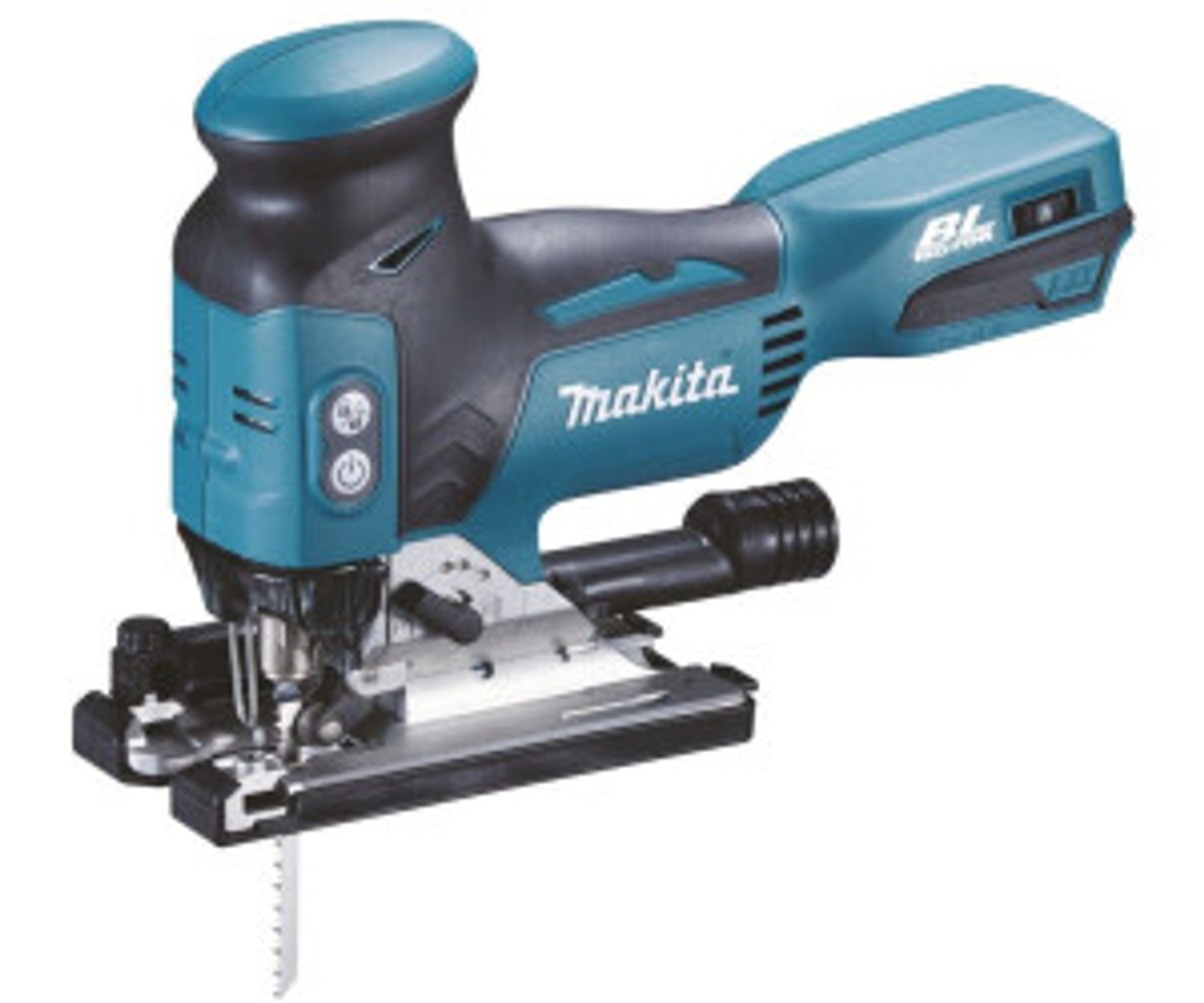 Zielono-czarna wyrzynarka Makita na białym tle. Widoczne ostrze narzędzia.