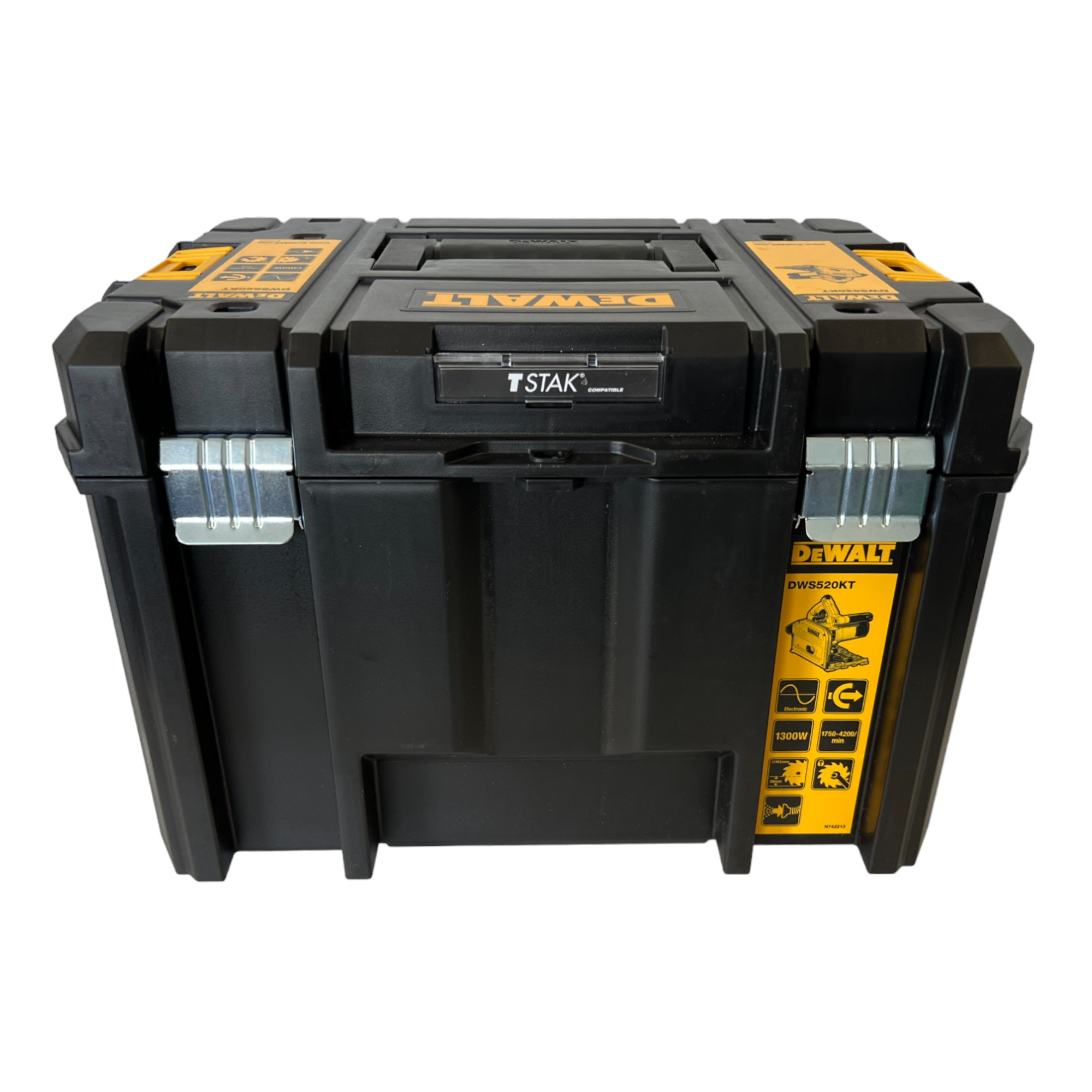 Una caja de herramientas DeWalt negra con detalles amarillos, etiquetada con el logotipo de DeWalt.