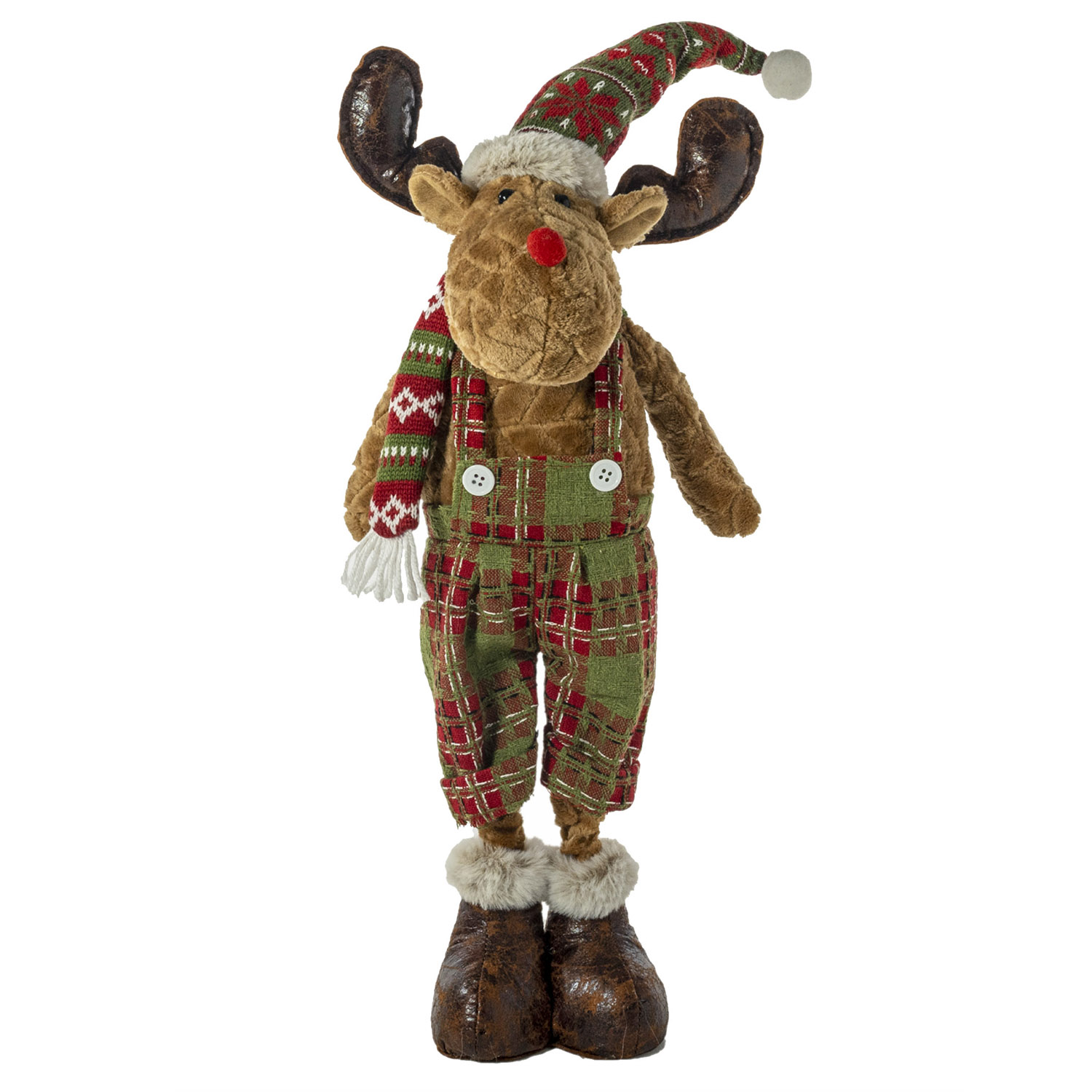 Peluche de reno navideño con peto a cuadros verdes y rojos, con gorro y bufanda.