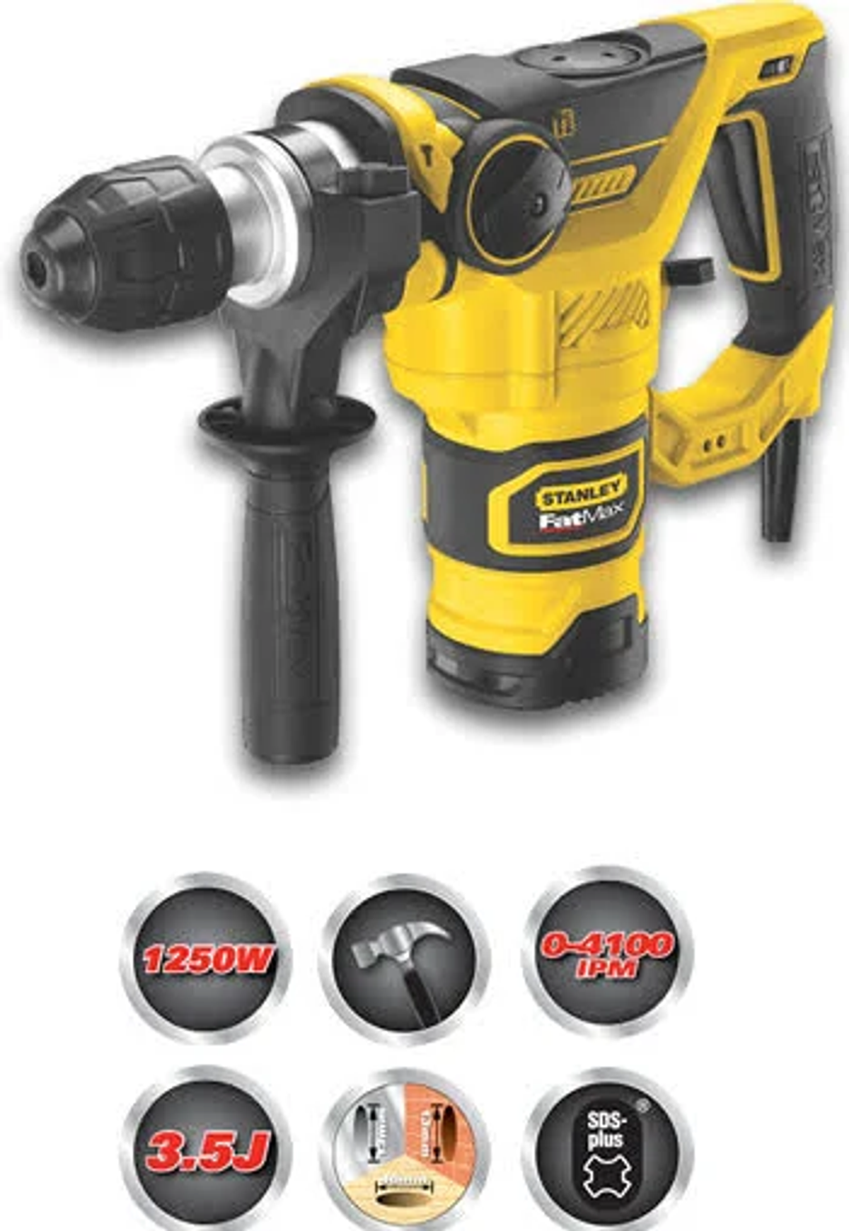 Żółto-czarna wiertarka udarowa Stanley FatMax. Poniżej ikony informacyjne.