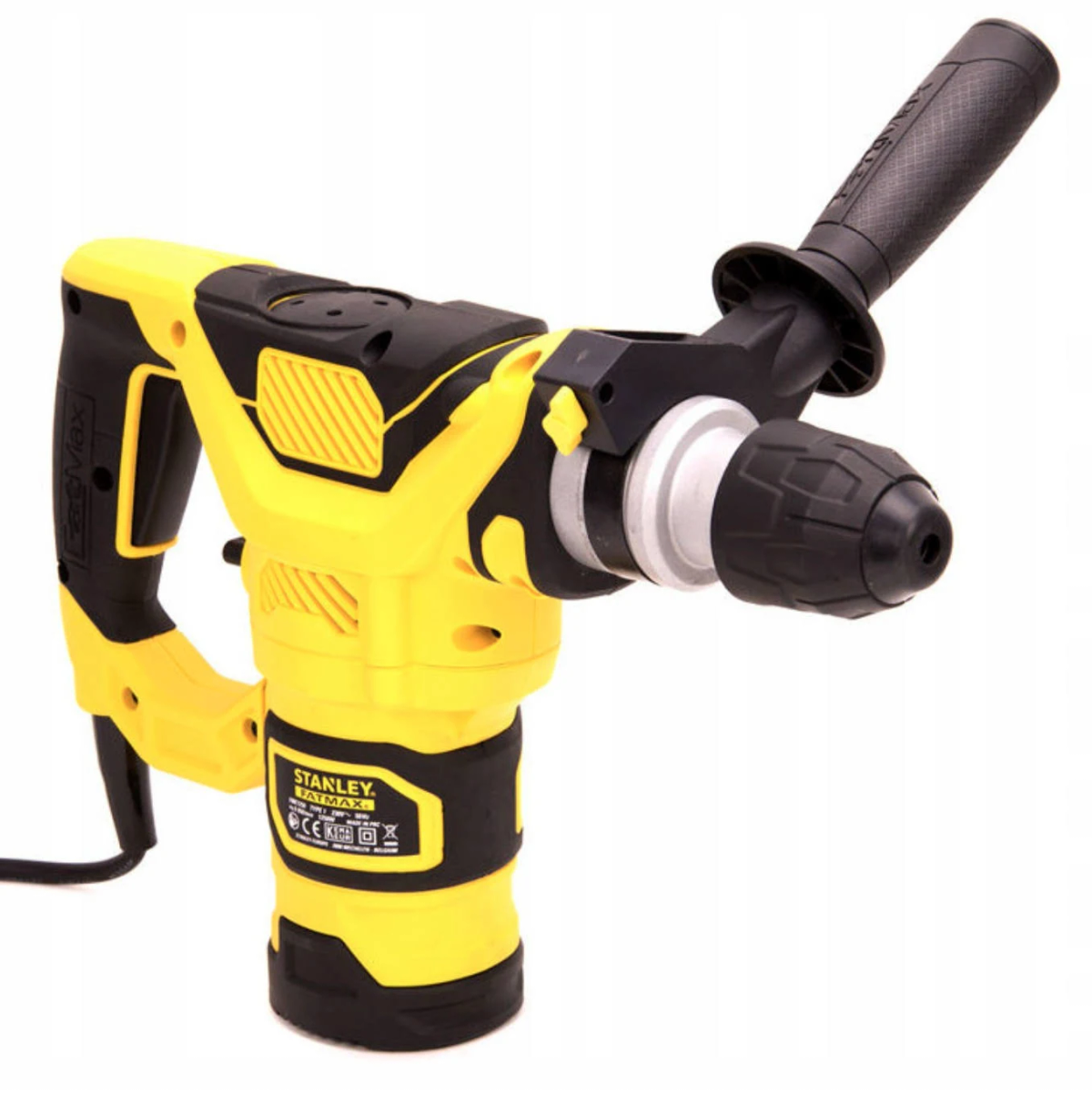 Żółto-czarna wiertarka udarowa Stanley Fatmax z czarnym uchwytem, na białym tle.