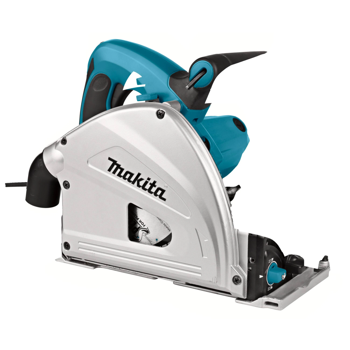 Scie circulaire Makita, turquoise et argent, sur fond blanc. A une poignée noire.