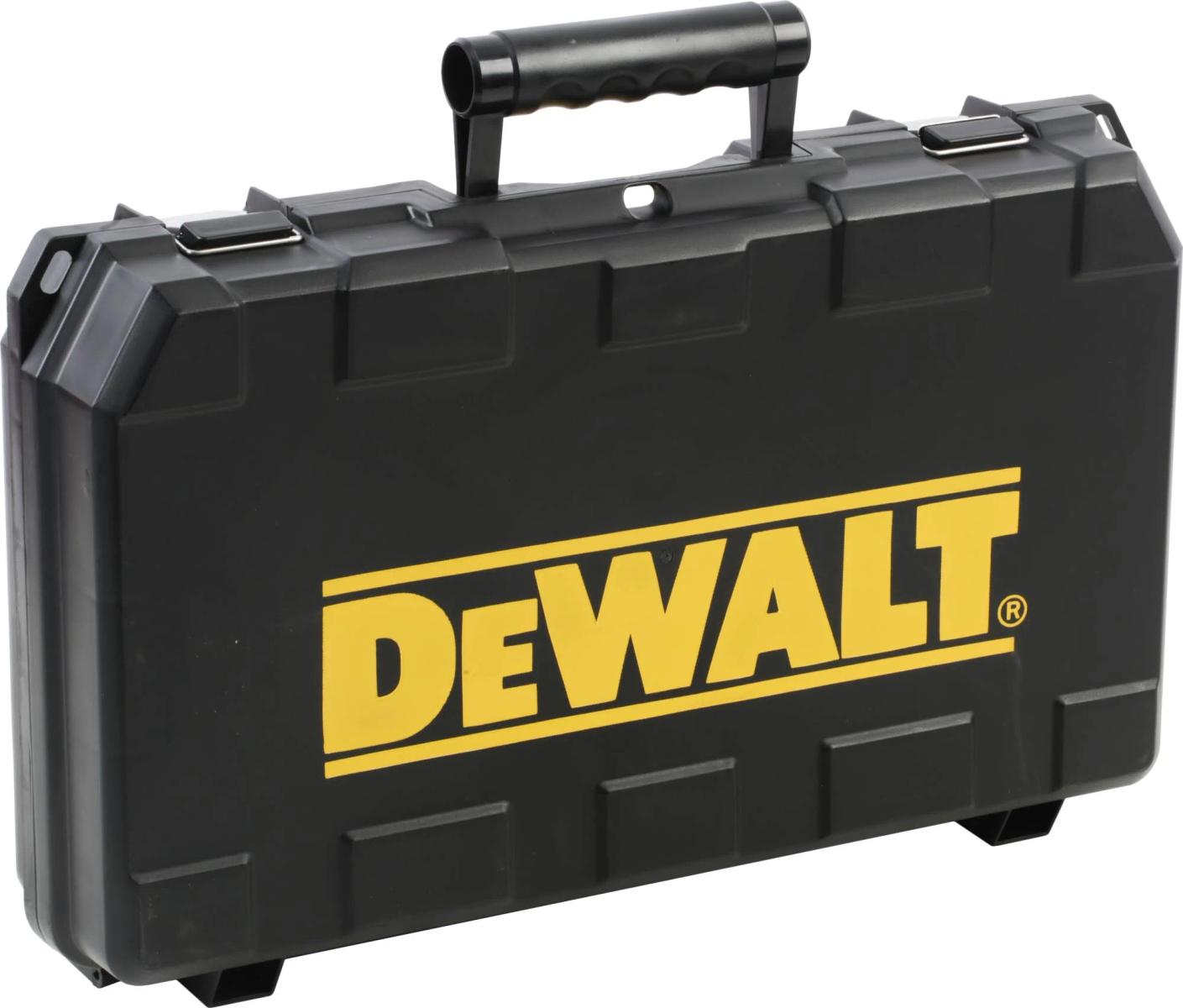 Czarna skrzynka narzędziowa DeWalt z żółtym logo. Skrzynka ma uchwyt i dwa zatrzaski.