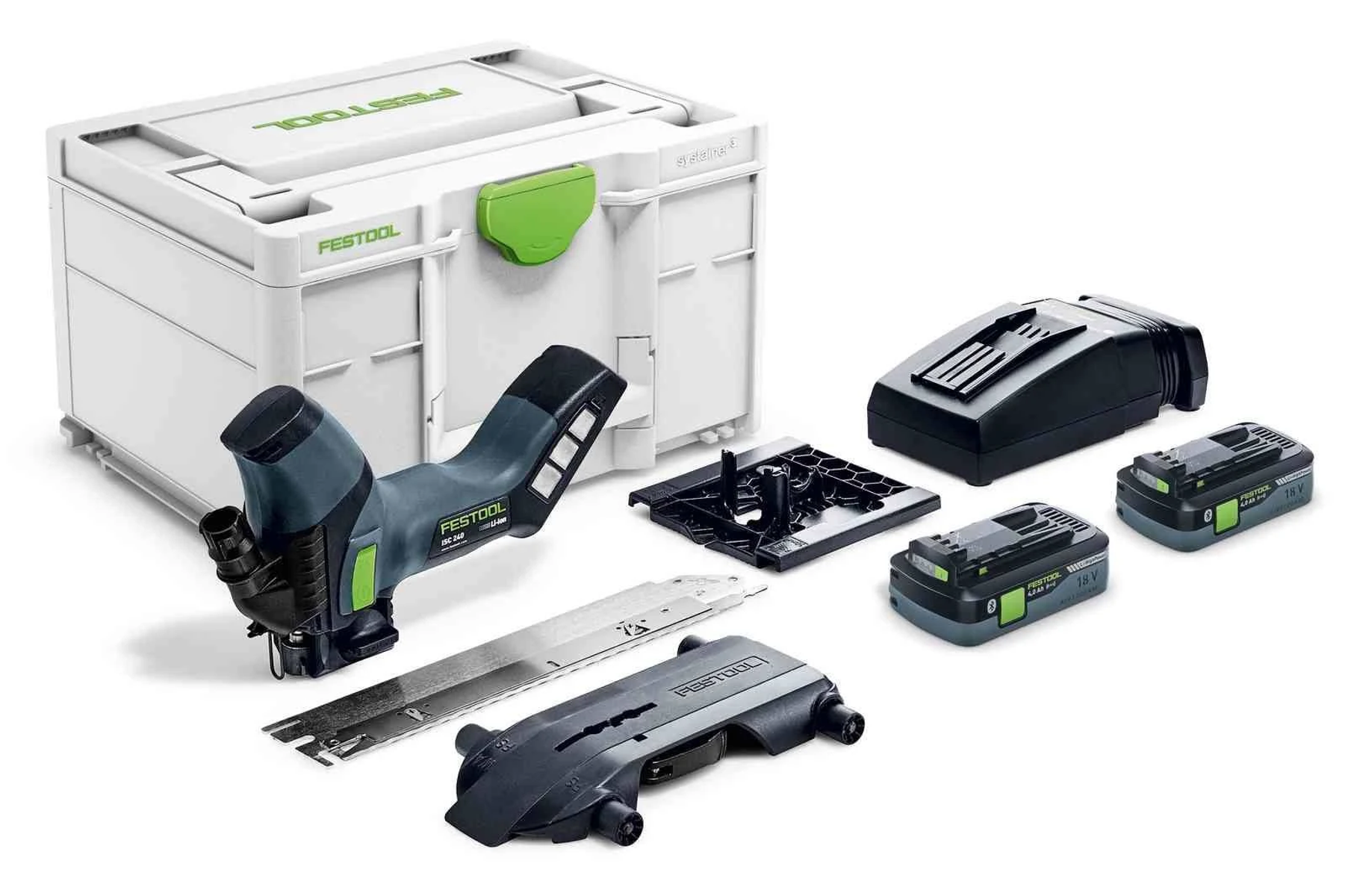 Una colección de herramientas y accesorios Festool en una caja blanca, incluyendo baterías y una sierra.