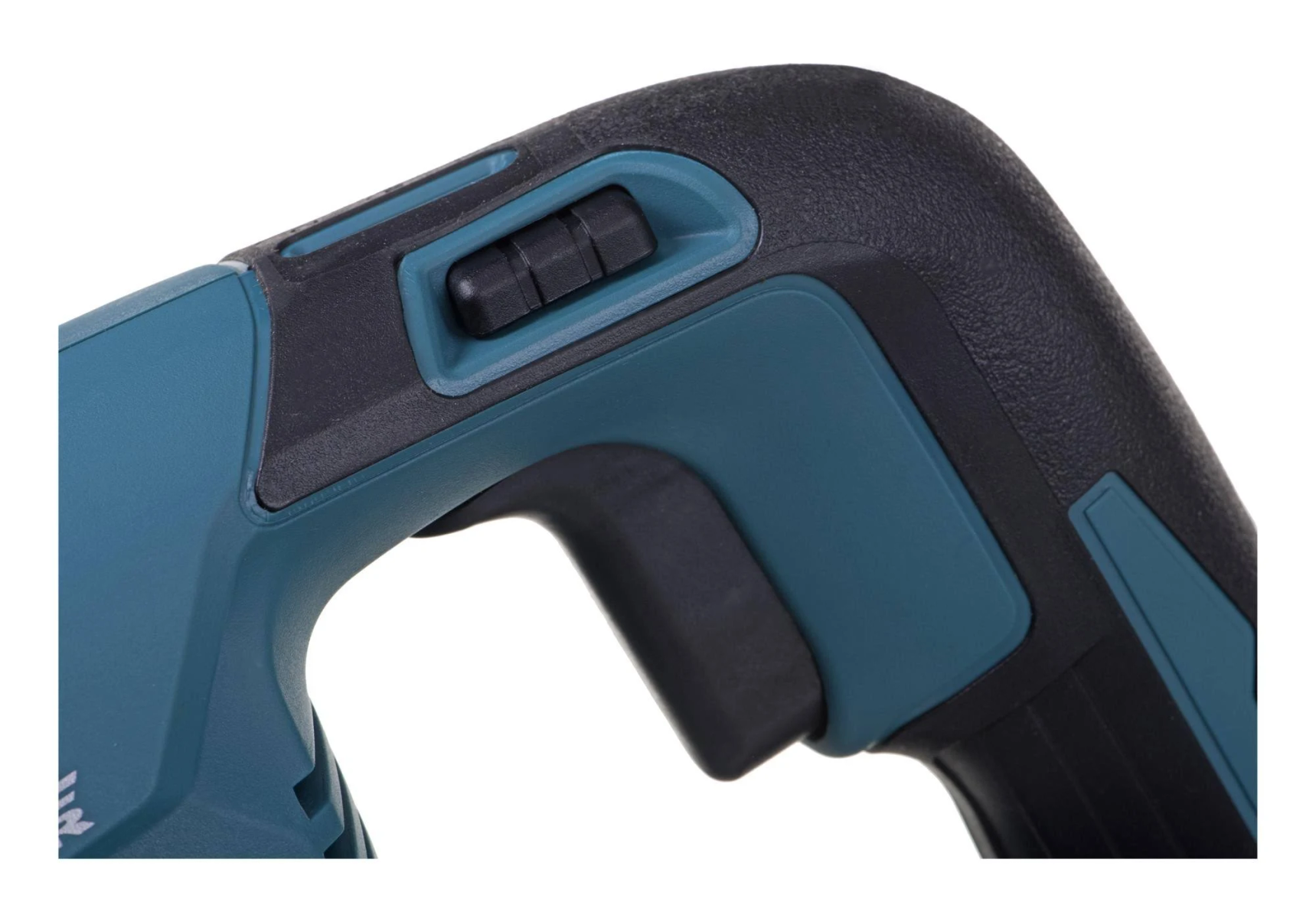 Zbliżenie uchwytu elektronarzędzia w kolorze morskim i czarnym z przełącznikiem.