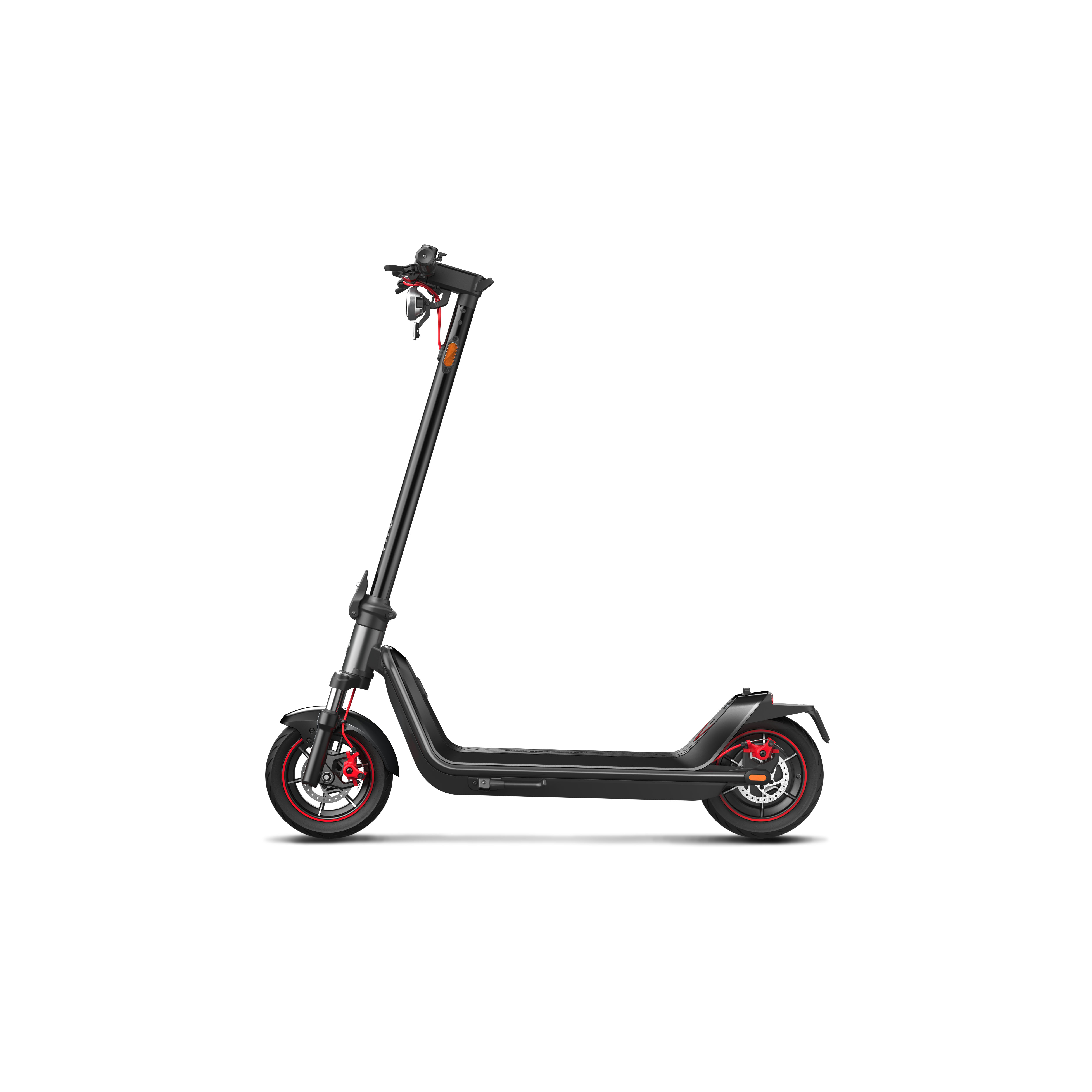 Scooter eléctrico negro. Tiene un tallo largo, dos ruedas y detalles rojos en las ruedas.