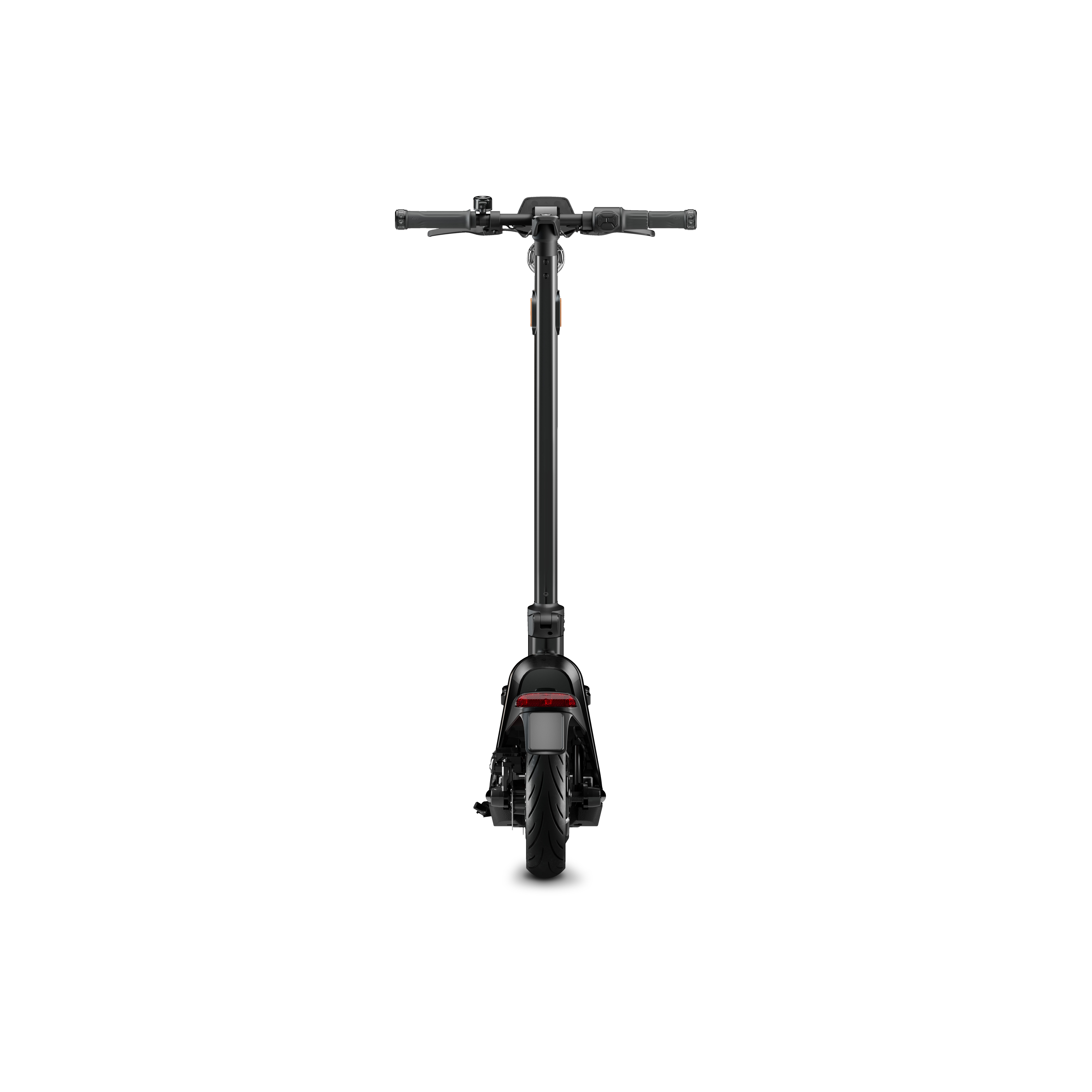 Scooter eléctrico negro, manillar al frente, con luz roja en la parte trasera.