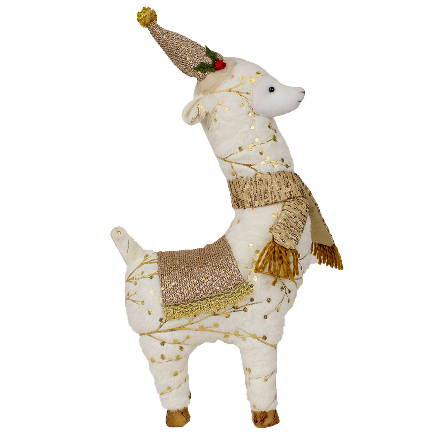 Ein weißes Lama mit goldenen Akzenten, Hut, Schal und Sattel.