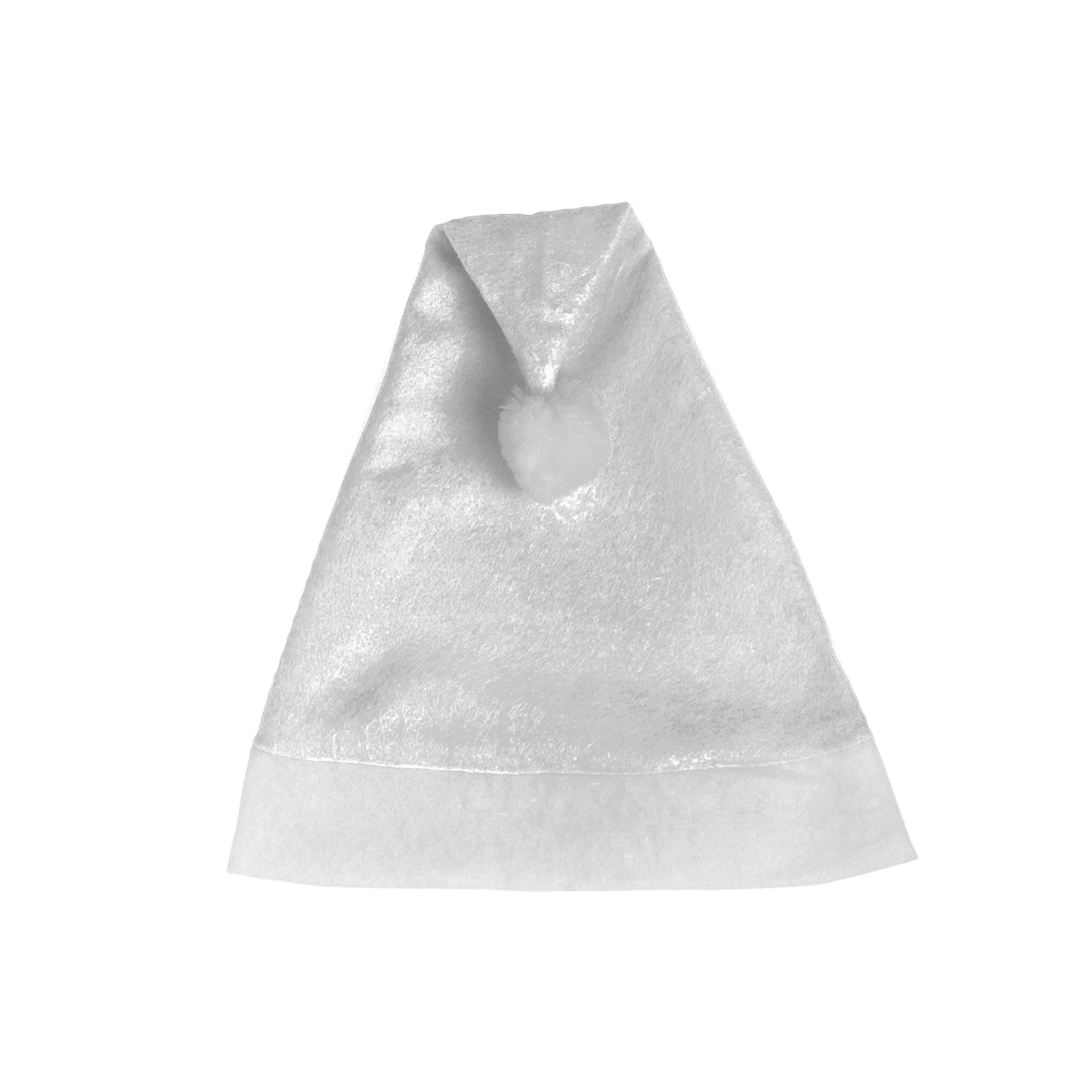 Cappello di Babbo Natale argentato con bordo bianco e pompon, isolato su sfondo bianco.