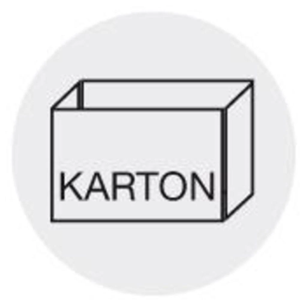 Un círculo blanco con el contorno negro de una caja y la palabra 'KARTON'.