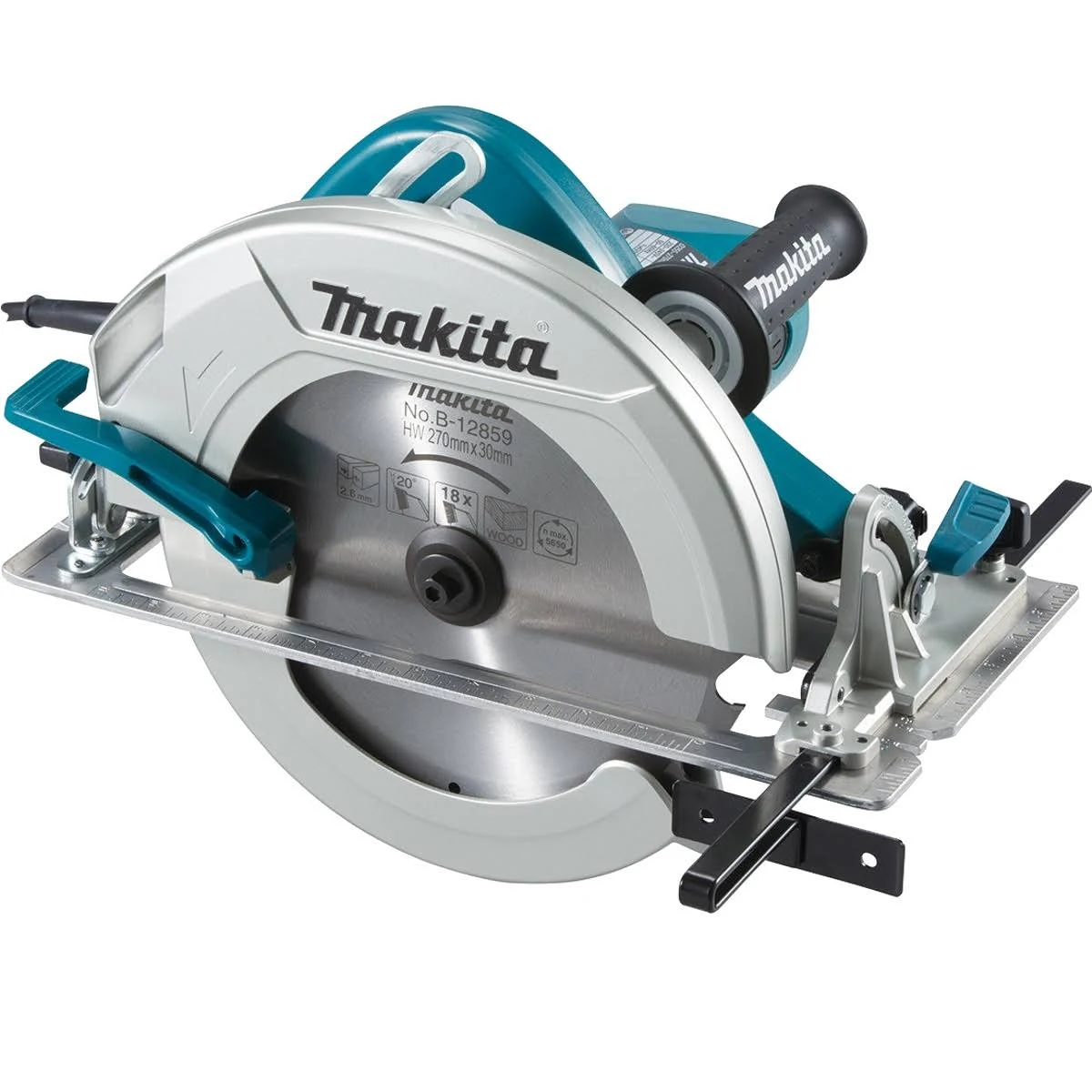 Una sierra circular Makita verde azulado con una hoja plateada sobre una base gris, fondo blanco.